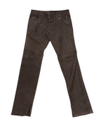 Dark brown leather trousers with a slim straight leg, five-pocket styling and belt loops, articulated knee panels, a small D-ring at the waist and ankle zips. High-end designer pair, second-hand and rare.