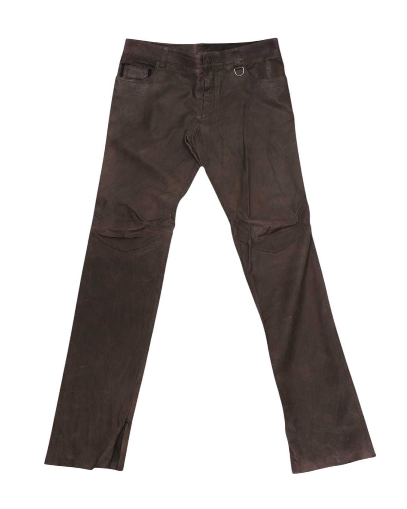 Dark brown leather trousers with a slim straight leg, five-pocket styling and belt loops, articulated knee panels, a small D-ring at the waist and ankle zips. High-end designer pair, second-hand and rare.