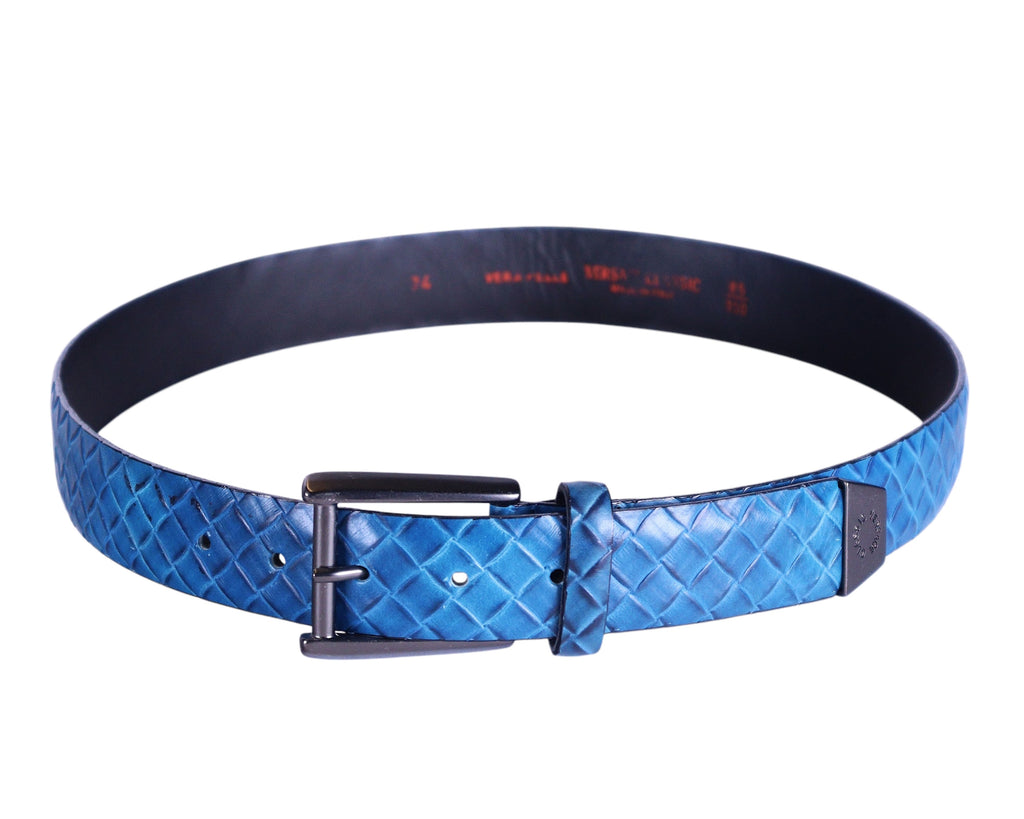 Versace classic blue leather belt, Italian luxury from Milan—premium calfskin with woven-embossed/basket-weave/diamond-quilt texture, adjustable pin buckle in gunmetal, subtle logo plaque, refined designer waist strap for jeans, chinos, suits or tailoring; sleek, durable, statement accessory with high-fashion craftsmanship, unisex, made in Italy, collectible elevated wardrobe essential.
