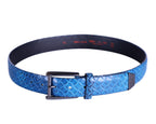 Versace classic blue leather belt, Italian luxury from Milan—premium calfskin with woven-embossed/basket-weave/diamond-quilt texture, adjustable pin buckle in gunmetal, subtle logo plaque, refined designer waist strap for jeans, chinos, suits or tailoring; sleek, durable, statement accessory with high-fashion craftsmanship, unisex, made in Italy, collectible elevated wardrobe essential.