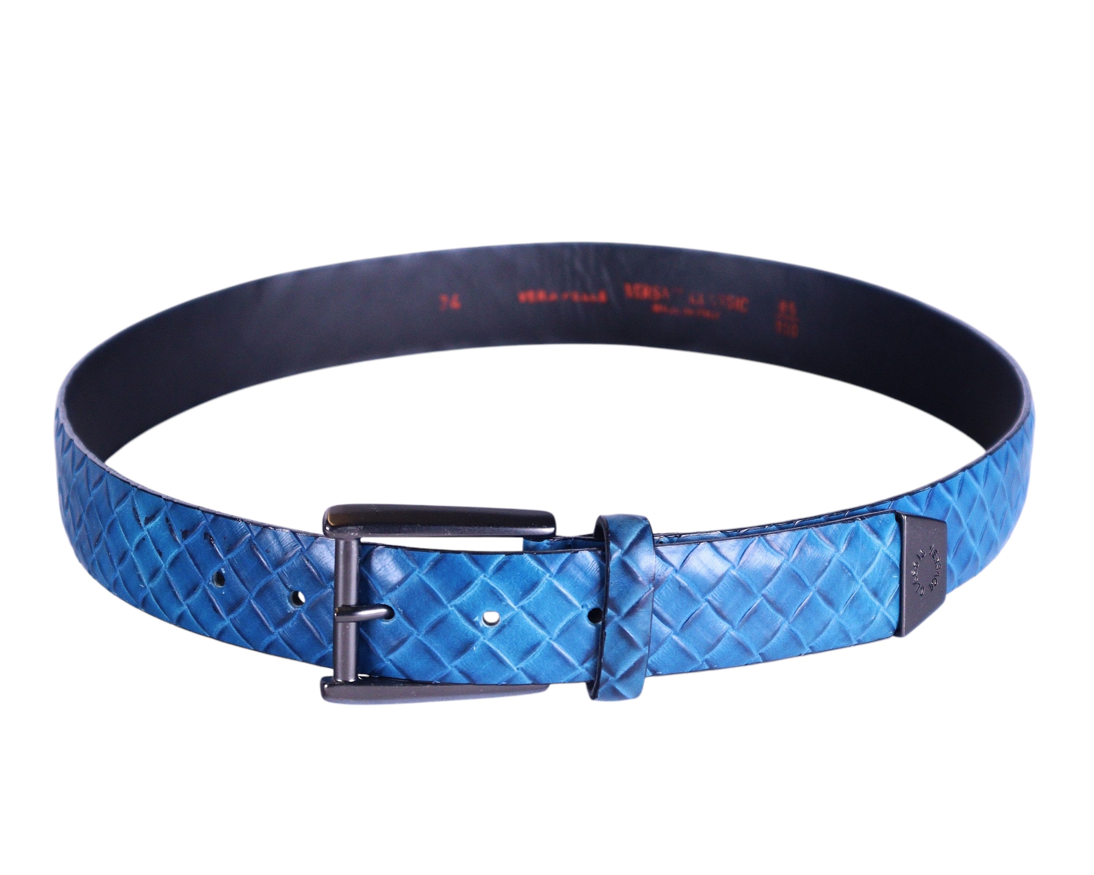 Versace classic blue leather belt, Italian luxury from Milan—premium calfskin with woven-embossed/basket-weave/diamond-quilt texture, adjustable pin buckle in gunmetal, subtle logo plaque, refined designer waist strap for jeans, chinos, suits or tailoring; sleek, durable, statement accessory with high-fashion craftsmanship, unisex, made in Italy, collectible elevated wardrobe essential.