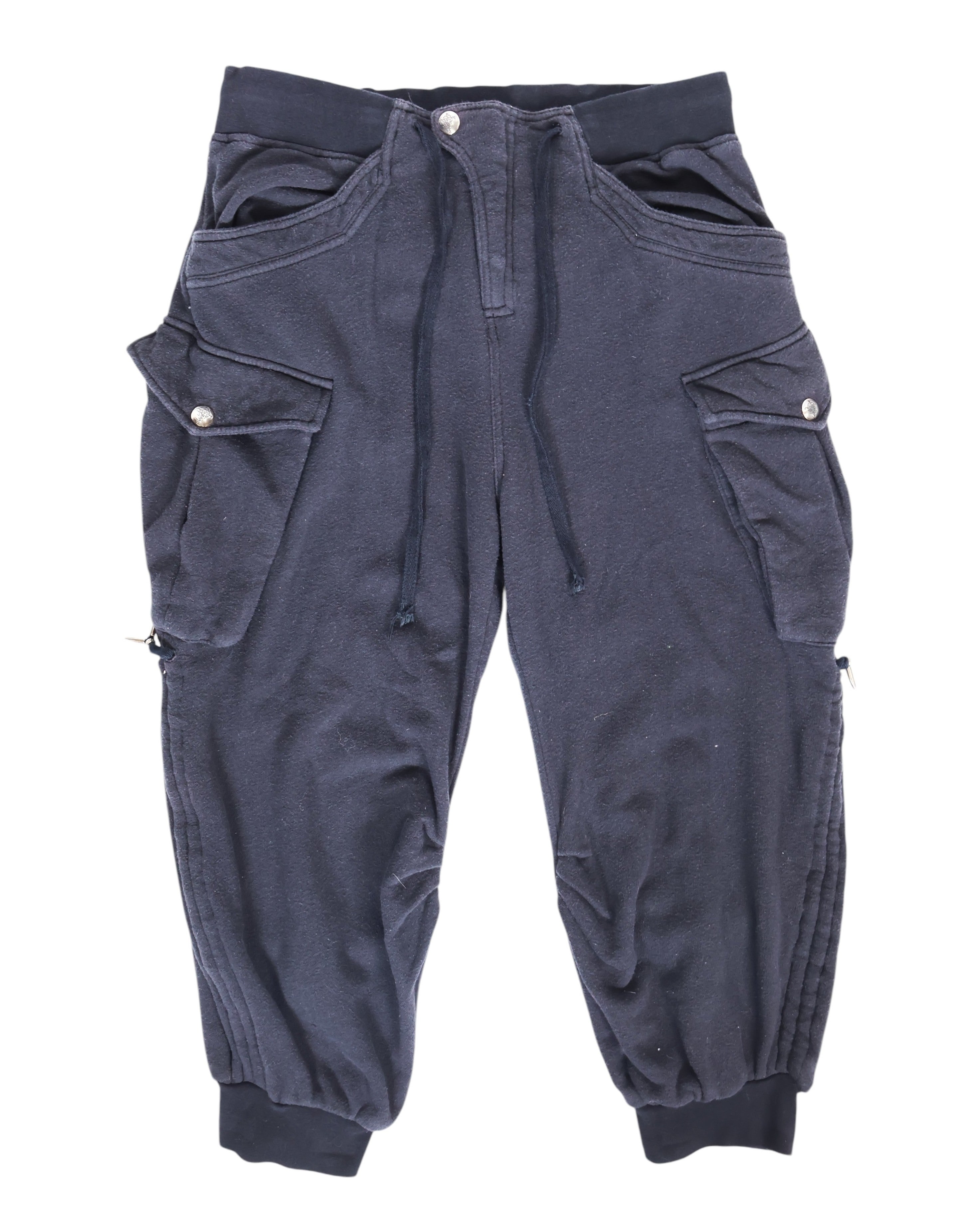 Vintage 14th Addiction dark charcoal sweatpants/joggers in soft knit with cargo flap pockets and snap studs, drawstring waist, zip accents, and tapered legs with ribbed cuffs; luxe streetwear, unique piece laid flat on white.