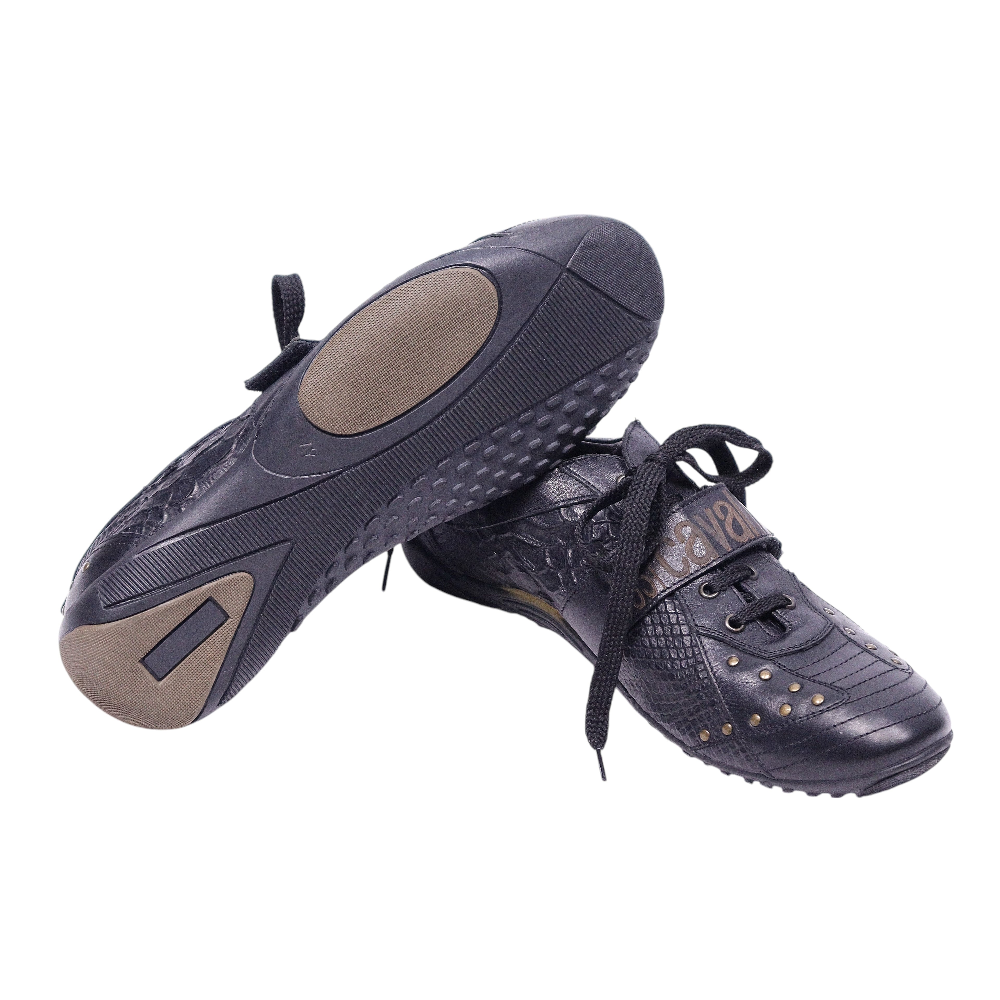 Just Cavalli black leather sneakers with snake-embossed leather and studded details