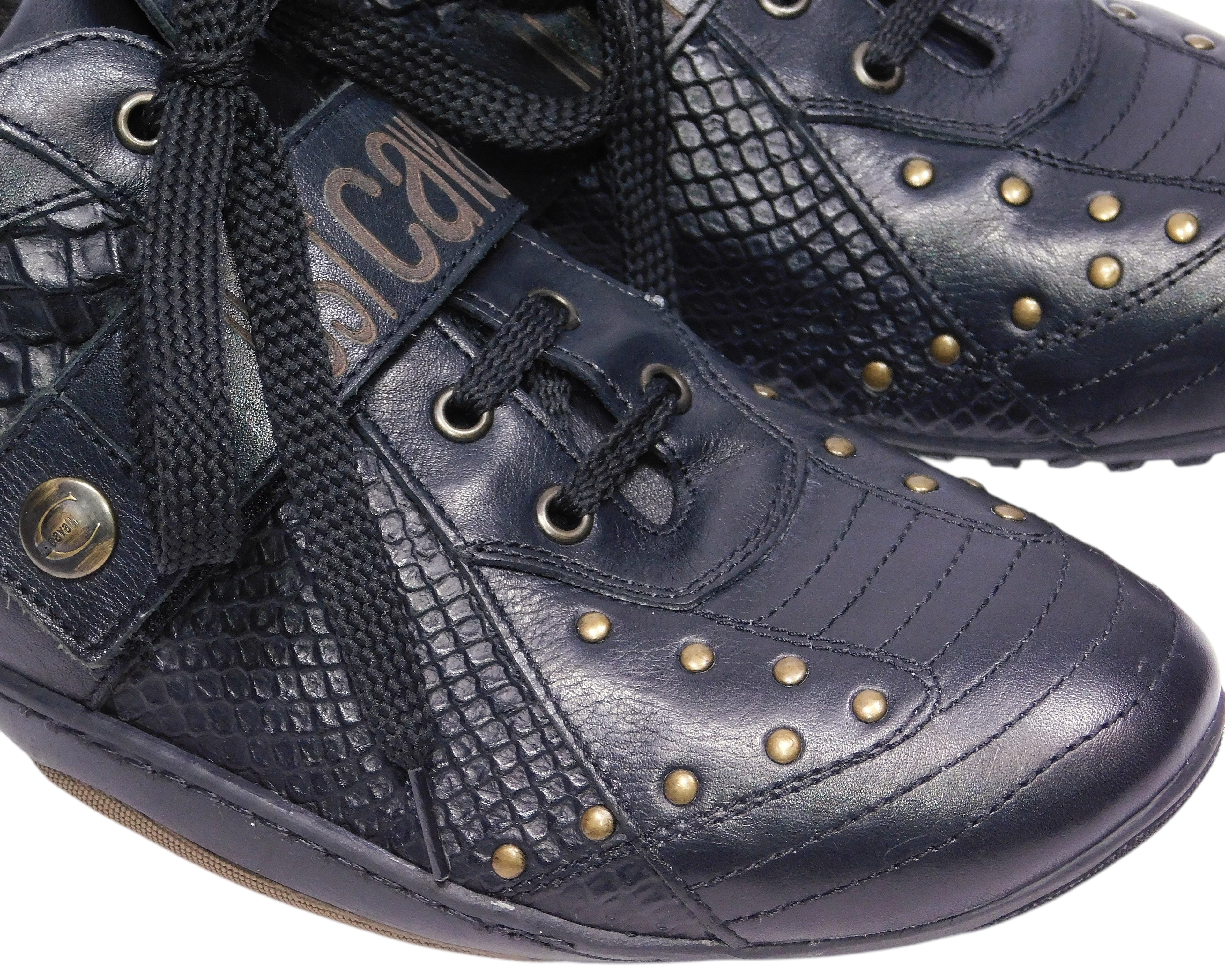 Just Cavalli black leather sneakers with snake-embossed leather and studded details