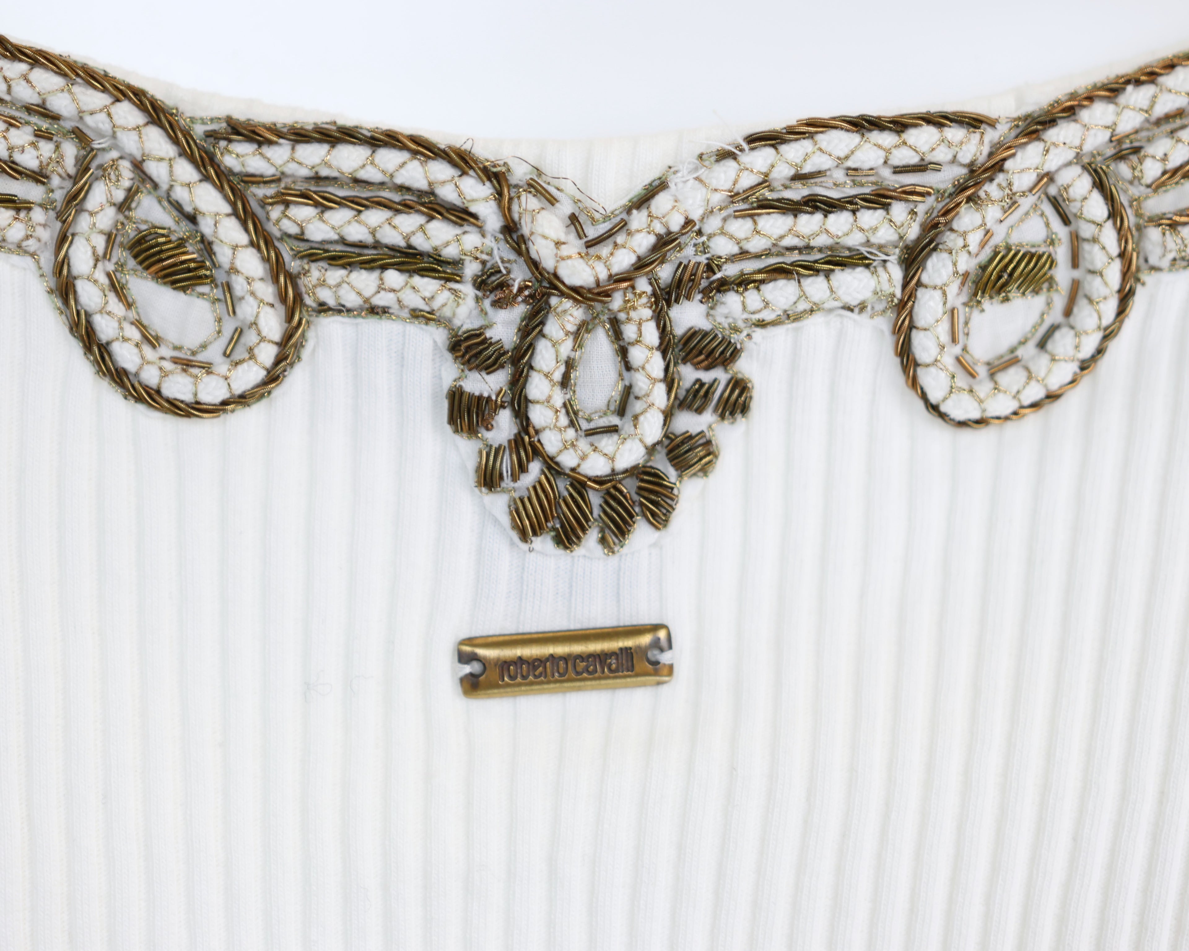 Roberto Cavalli White Top with Metallic Embroidered Neckline