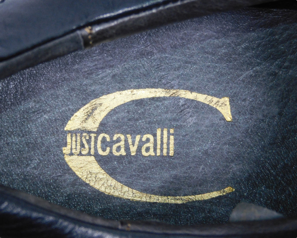 Just Cavalli black leather sneakers with snake-embossed leather and studded details