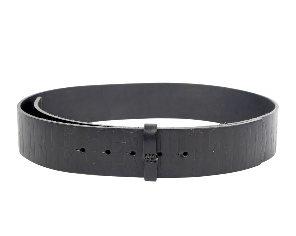 Jean Paul Gaultier black/jet/ebony calfskin leather belt strap; buckle-less, interchangeable strap-only design with allover logo/letter embossing, keeper loop and multiple pre-punched holes; unisex; for jeans, tailoring, streetwear; tags: avant-garde, minimal, Y2K, runway; brand context: French couture icon, luxury, experimental Paris design.