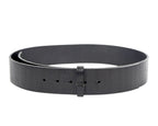 Jean Paul Gaultier black/jet/ebony calfskin leather belt strap; buckle-less, interchangeable strap-only design with allover logo/letter embossing, keeper loop and multiple pre-punched holes; unisex; for jeans, tailoring, streetwear; tags: avant-garde, minimal, Y2K, runway; brand context: French couture icon, luxury, experimental Paris design.