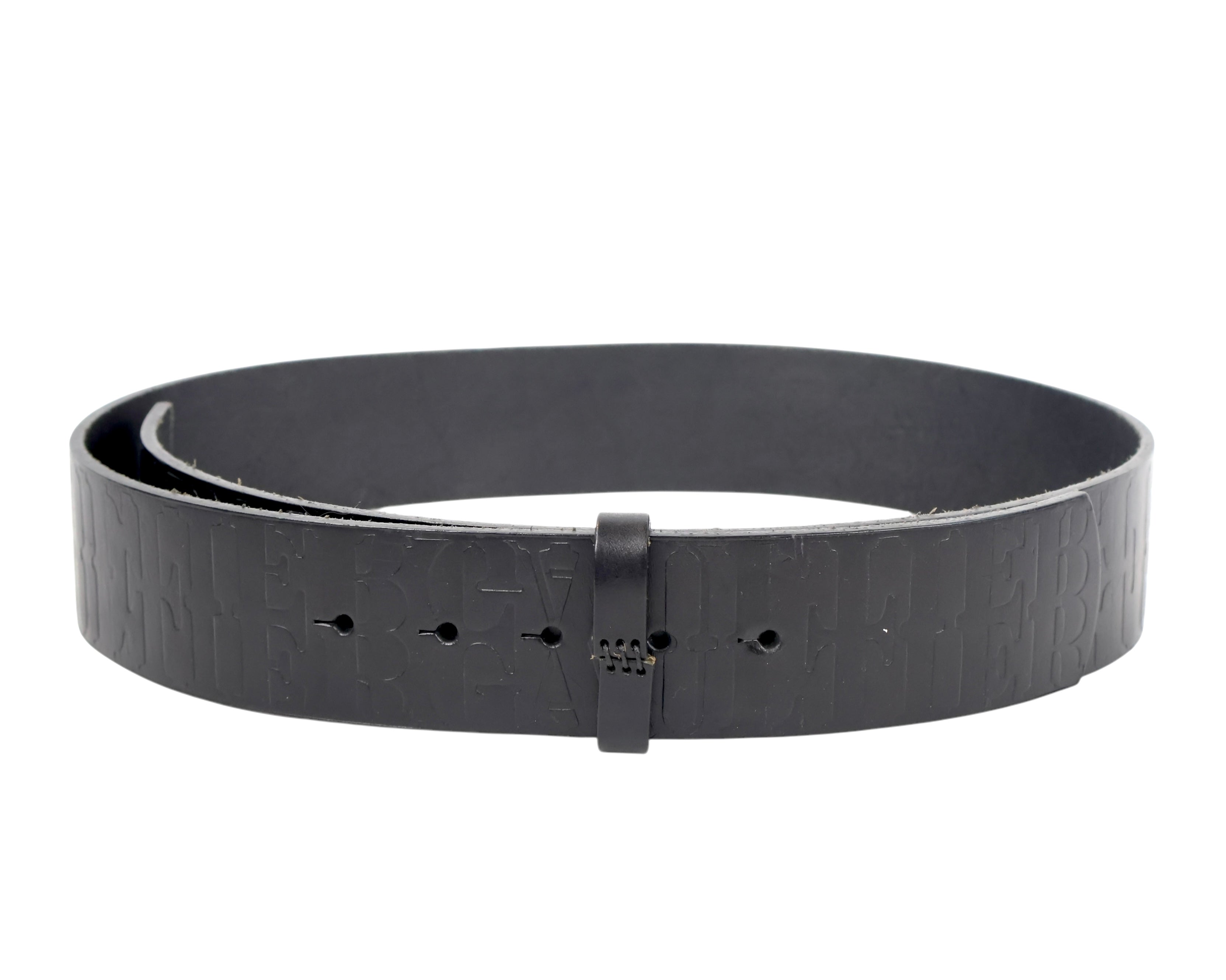 Jean Paul Gaultier black/jet/ebony calfskin leather belt strap; buckle-less, interchangeable strap-only design with allover logo/letter embossing, keeper loop and multiple pre-punched holes; unisex; for jeans, tailoring, streetwear; tags: avant-garde, minimal, Y2K, runway; brand context: French couture icon, luxury, experimental Paris design.
