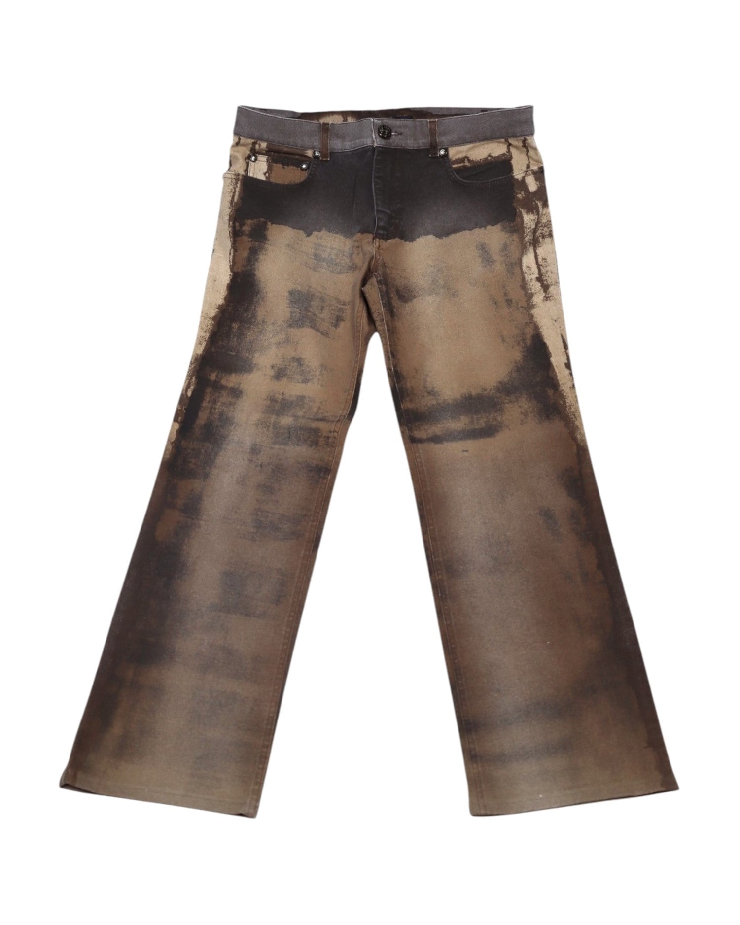 A pair of brown vintage denim pants with a faded design, laid flat. Roberto Cavalli Y2K brown denim jeans with a dark washed/airbrushed fade, five-pocket jean styling with belt loops and zip fly, and a flared leg; vintage, rare statement pair.