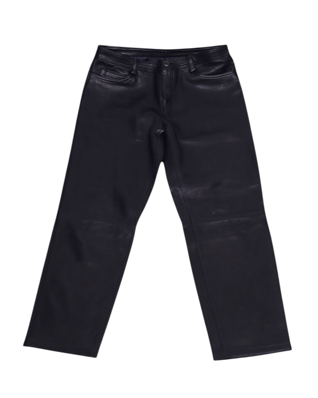 Vintage Gianni Versace black leather pants/trousers in classic five-pocket jeans style; mid-rise, straight-leg cut with clean hems and subtle patina—high-end, rare designer piece laid flat on white.