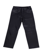 Vintage Gianni Versace black leather pants/trousers in classic five-pocket jeans style; mid-rise, straight-leg cut with clean hems and subtle patina—high-end, rare designer piece laid flat on white.