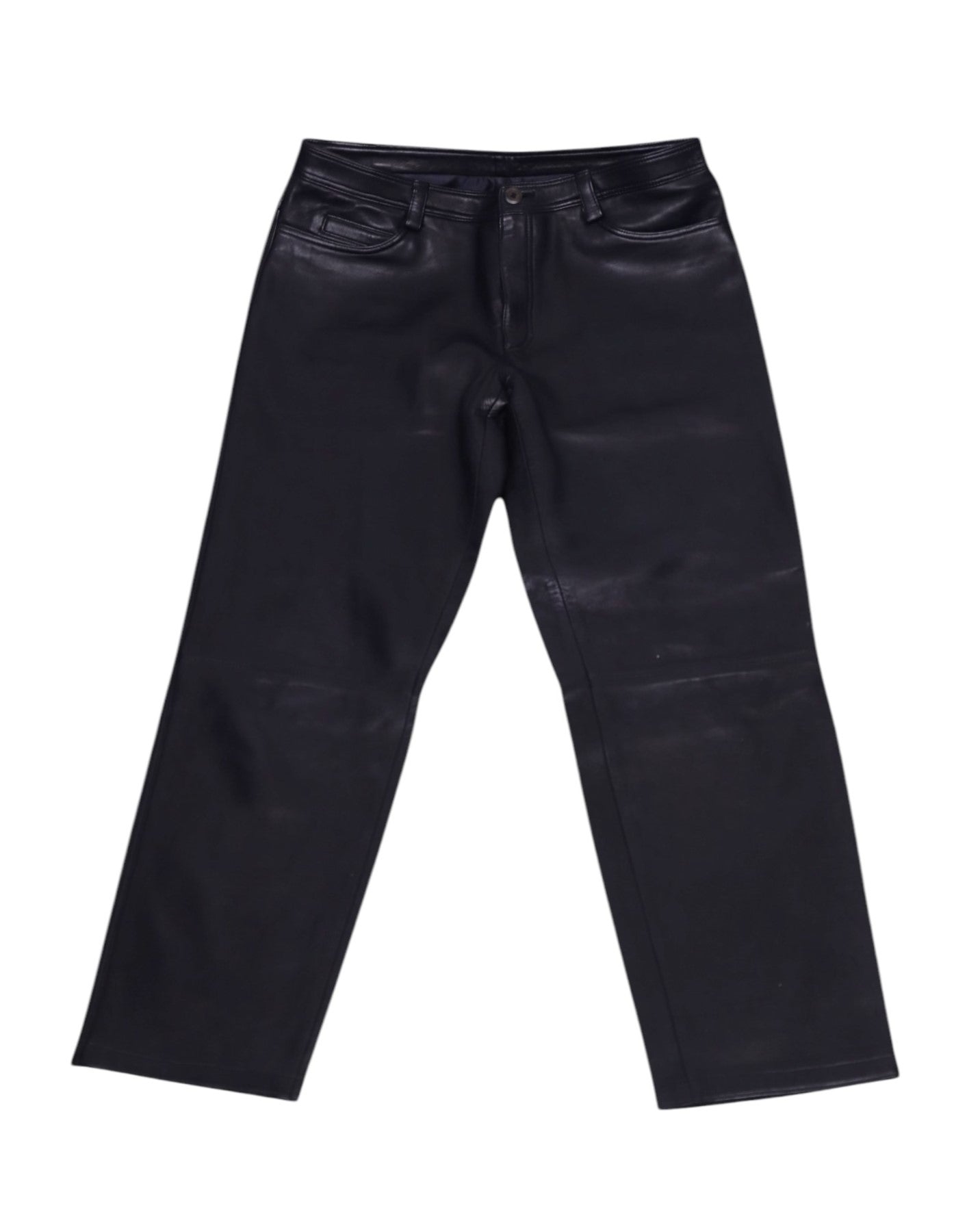 Vintage Gianni Versace black leather pants/trousers in classic five-pocket jeans style; mid-rise, straight-leg cut with clean hems and subtle patina—high-end, rare designer piece laid flat on white.