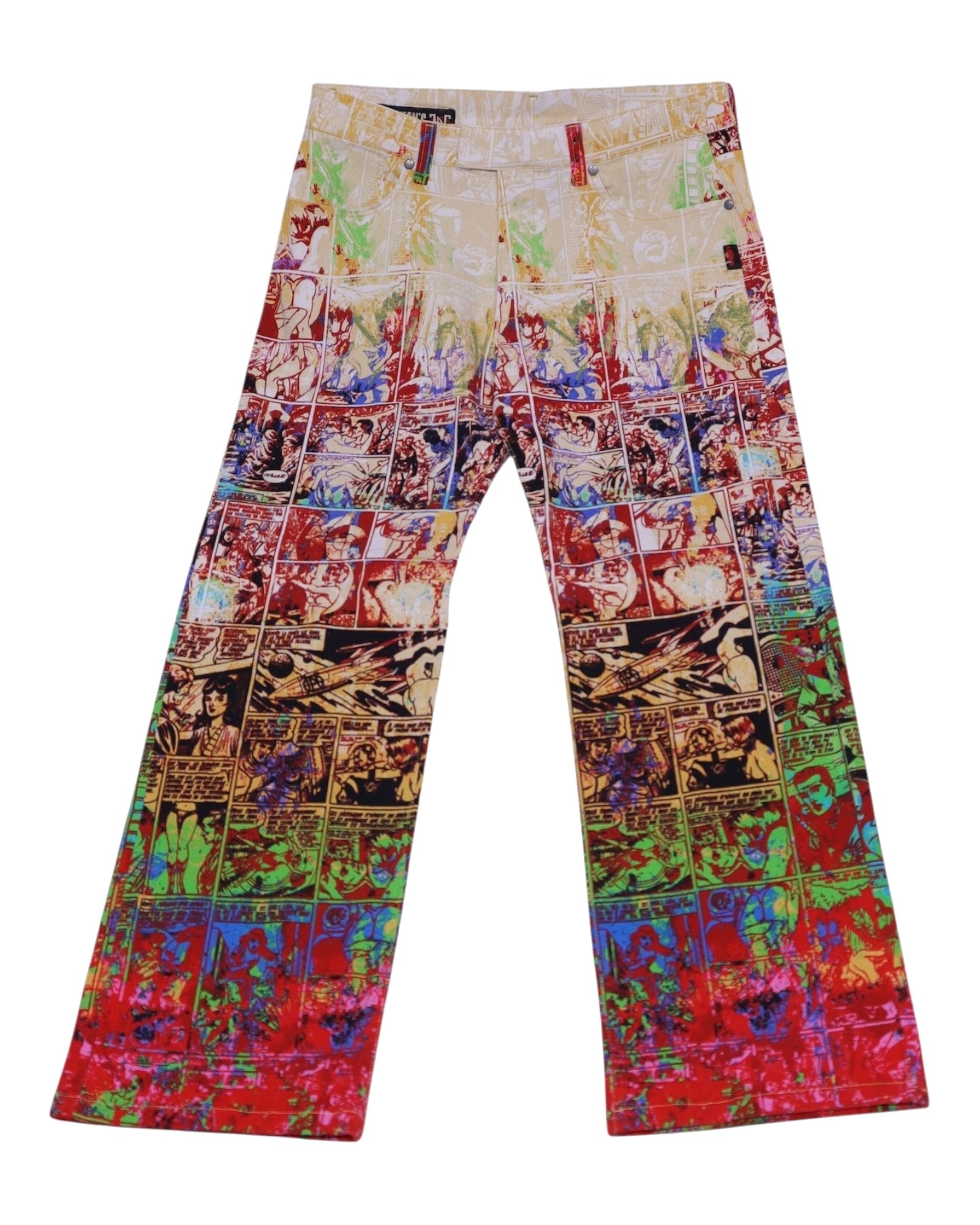 Vintage 1990s Jean Paul Gaultier multicolor graphic trousers/pants/jeans with comic-strip panels and pop-art slogans (“safe sex forever”), five-pocket, slim straight leg with button waist and belt loops. Luxury designer statement piece, rare and unique, laid flat on white.
