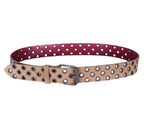Dolce & Gabbana tan/beige/camel suede leather belt; all-over metal eyelets/grommets with perforated rows; aged silver-tone buckle; contrast red/bordeaux lining; unisex fit; perfect with jeans, cargos, dresses, tailoring, streetwear; style tags: Italian luxury, punk, rock, Y2K, edgy; brand context: Italian heritage fashion house, crafted design, rare vintage.