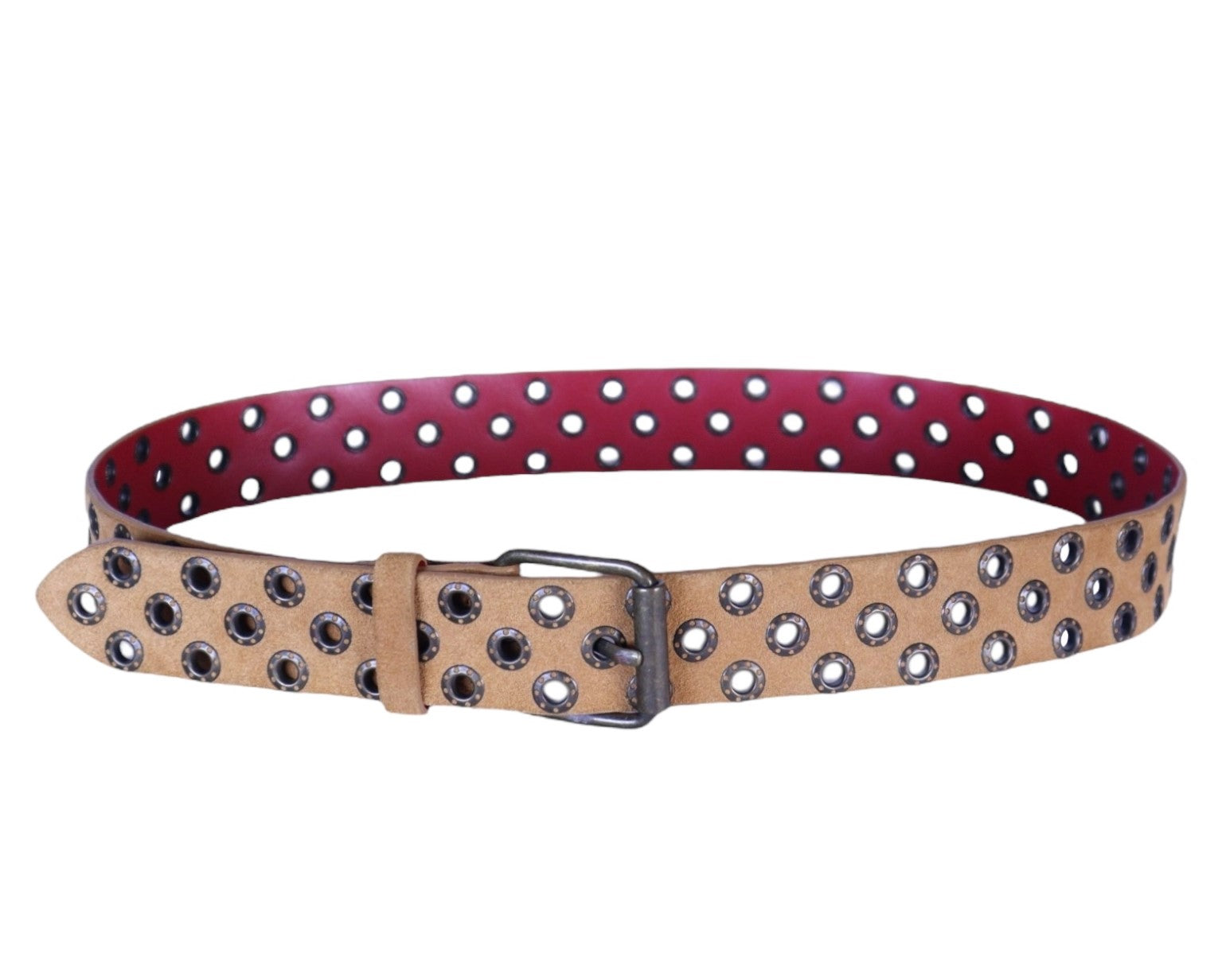 Dolce & Gabbana tan/beige/camel suede leather belt; all-over metal eyelets/grommets with perforated rows; aged silver-tone buckle; contrast red/bordeaux lining; unisex fit; perfect with jeans, cargos, dresses, tailoring, streetwear; style tags: Italian luxury, punk, rock, Y2K, edgy; brand context: Italian heritage fashion house, crafted design, rare vintage.
