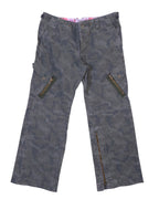 Vintage Kenji Ito “Comme ça Collection” grey camo/camouflage cargo pants/trousers in sturdy woven fabric; mid-rise straight leg with flap thigh pockets, angled zip closures, belt loops and button waist, plus a side hem zip. Utility/military-inspired luxury designer piece, rare and unique, laid flat on white.