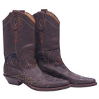A pair of brown leather boots with snakeskin and embroidered details. Roberto Cavalli brown leather Western santiag boots with snakeskin inlays, contrast embroidery, whipstitch shaft details, pull-on style, pointed toe and stacked Cuban heel.