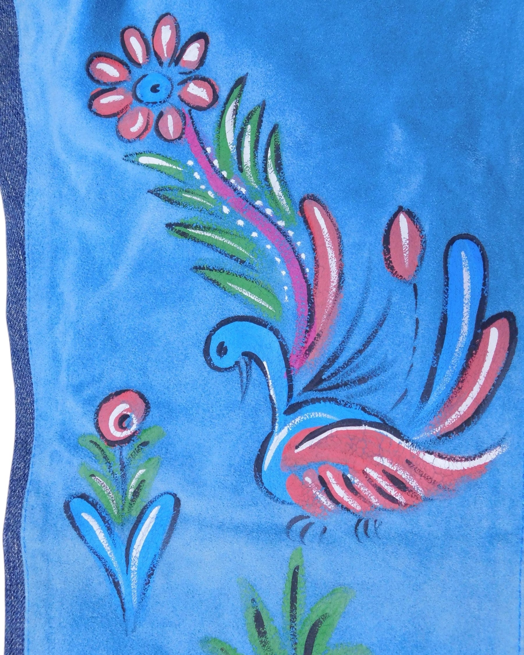 Close-up of the hand-painted bird and flower artwork in red, green and blue on bright blue fabric. Textured, brush-stroke finish with folk-art feel; vintage designer, unique and rare.