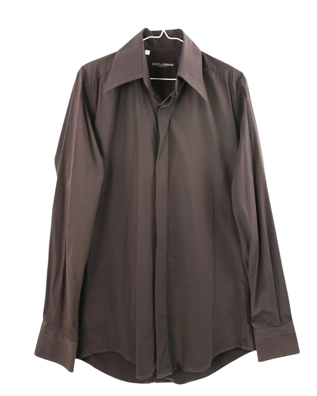 Dolce & Gabbana brown/chocolate/espresso dress shirt, button-up/button-down poplin; long sleeves, sharp oversized point collar, clean concealed placket, curved hem; tailored slim fit, unisex; works with suits, smart-casual, evening looks; minimal/retro-70s/Italian-tailoring vibes; Italian luxury house from Milan; rare vintage piece.