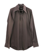 Dolce & Gabbana brown/chocolate/espresso dress shirt, button-up/button-down poplin; long sleeves, sharp oversized point collar, clean concealed placket, curved hem; tailored slim fit, unisex; works with suits, smart-casual, evening looks; minimal/retro-70s/Italian-tailoring vibes; Italian luxury house from Milan; rare vintage piece.
