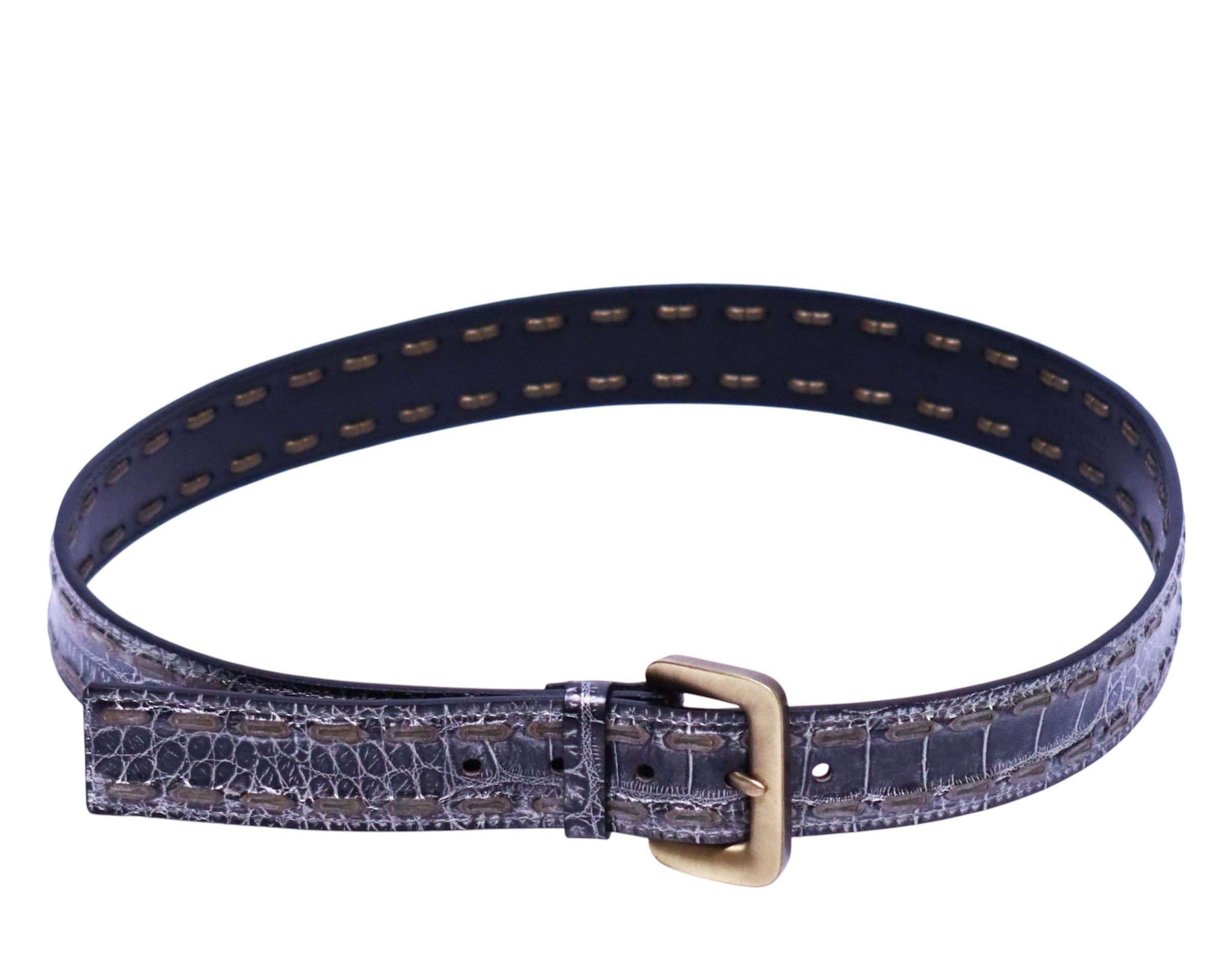 Kenji Ito Comme Ça Collection black leather belt; Japanese designer label (Comme Ça, Tokyo heritage) known for refined minimalism and craft; croc-embossed / crocodile-texture / reptile-grain / alligator-effect strap with natural sheen; sturdy full-grain cowhide/calfskin feel; matte antique-brass square buckle; clean edge stitching; adjustable holes; sleek, durable waist strap; luxury designer accessory for jeans, chinos, suits, dresses; unisex men’s/women’s belt; contemporary Japanese fashion with artisanal