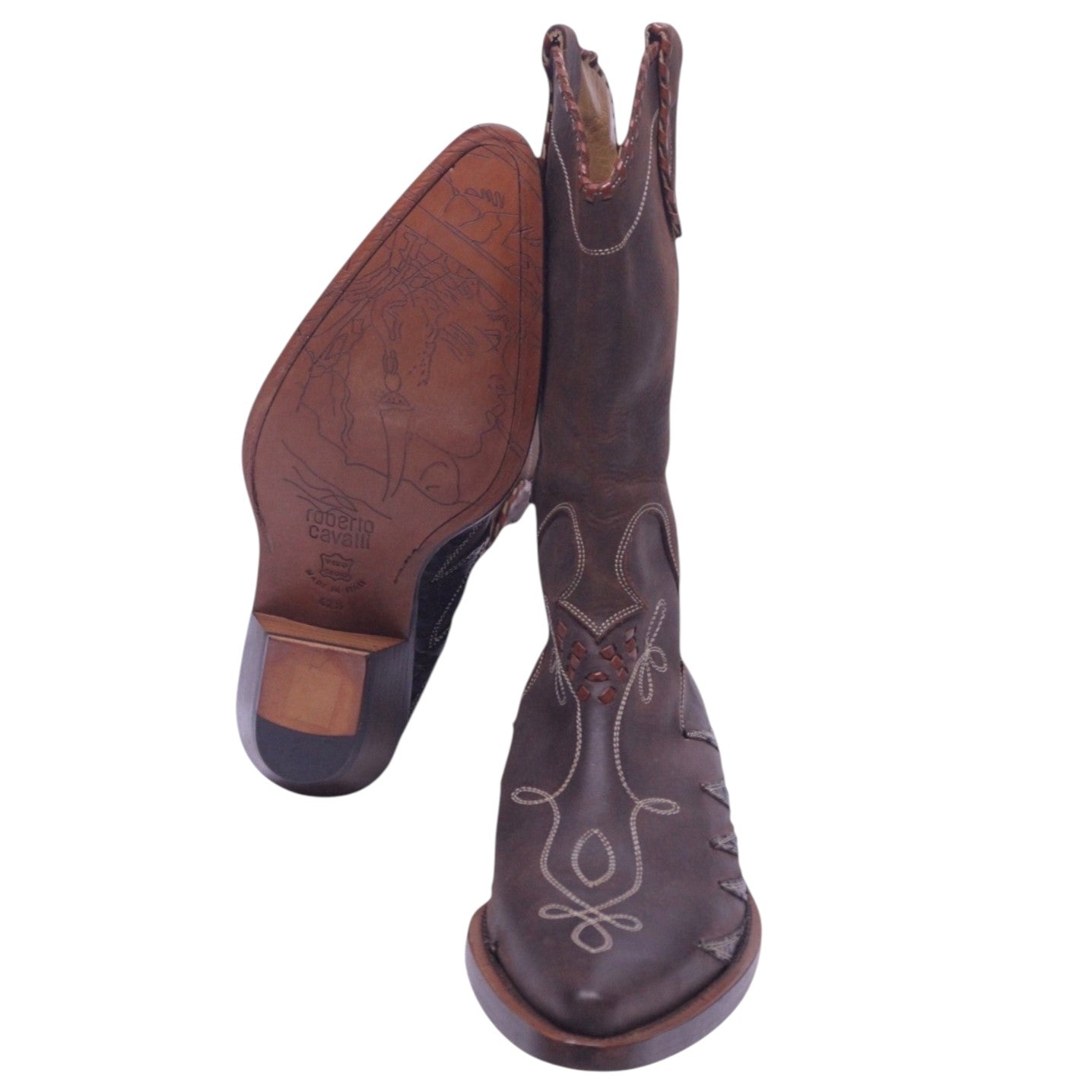 Roberto Cavalli brown leather santiag boots with python and embroidered design