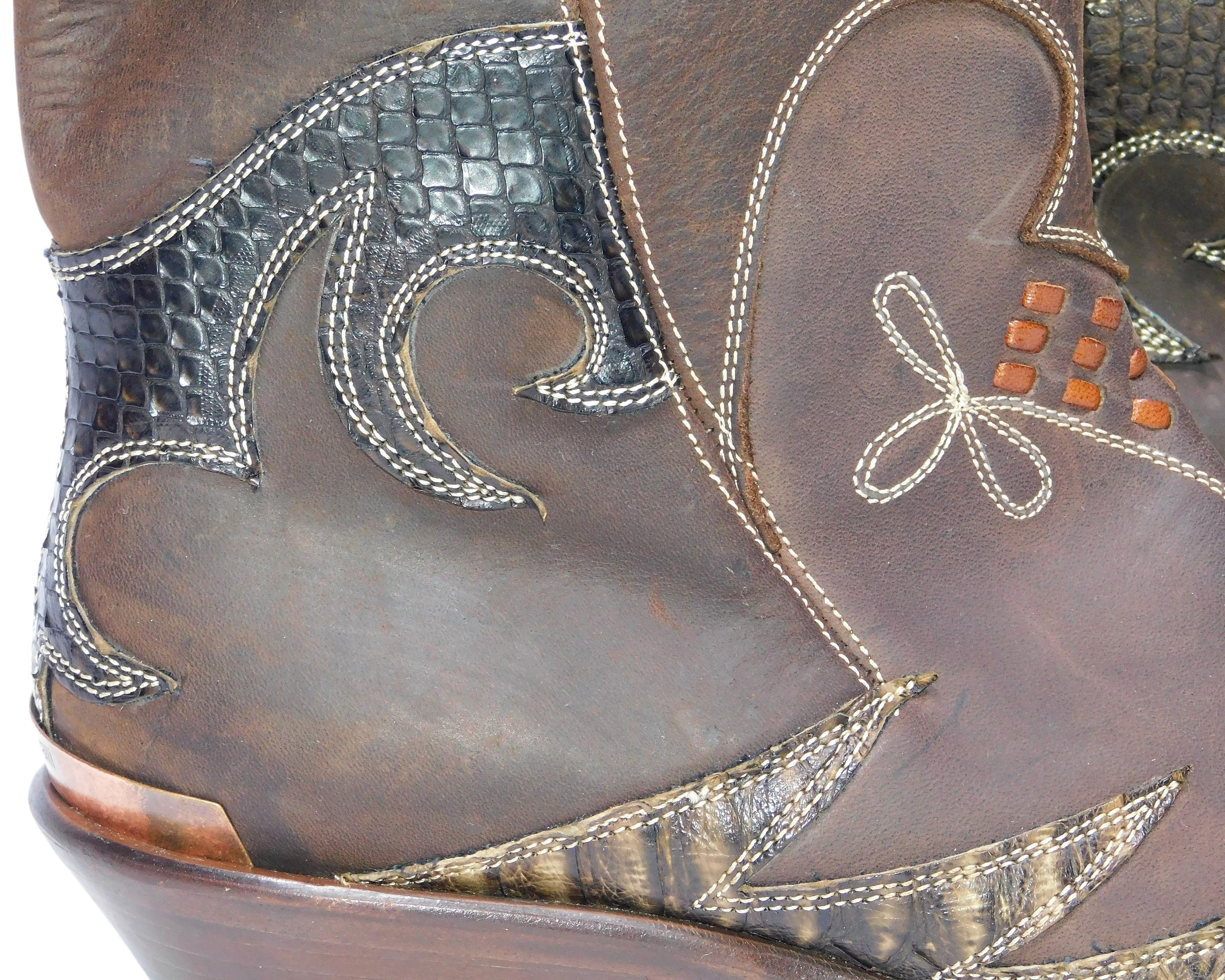 Roberto Cavalli brown leather santiag boots with python and embroidered design