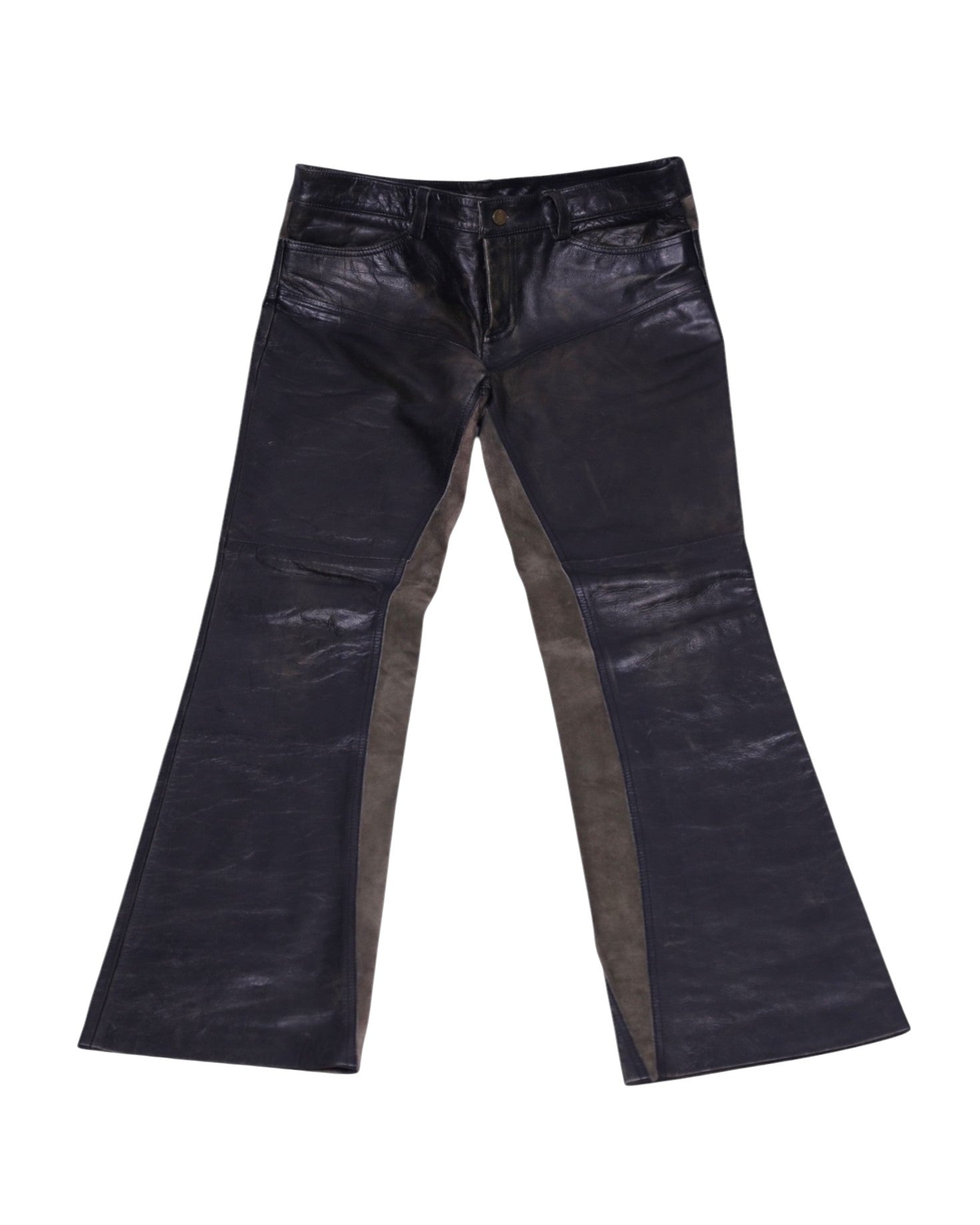 A pair of Roberto Cavalli leather pants with a solid pattern, featuring a blend of dark hues and metallic elements. Two-tone black and dark taupe leather pants with flared legs and inset contrast panels; jean-style waistband with belt loops, fly and small ankle slits. Vintage designer pair, rare and unique.