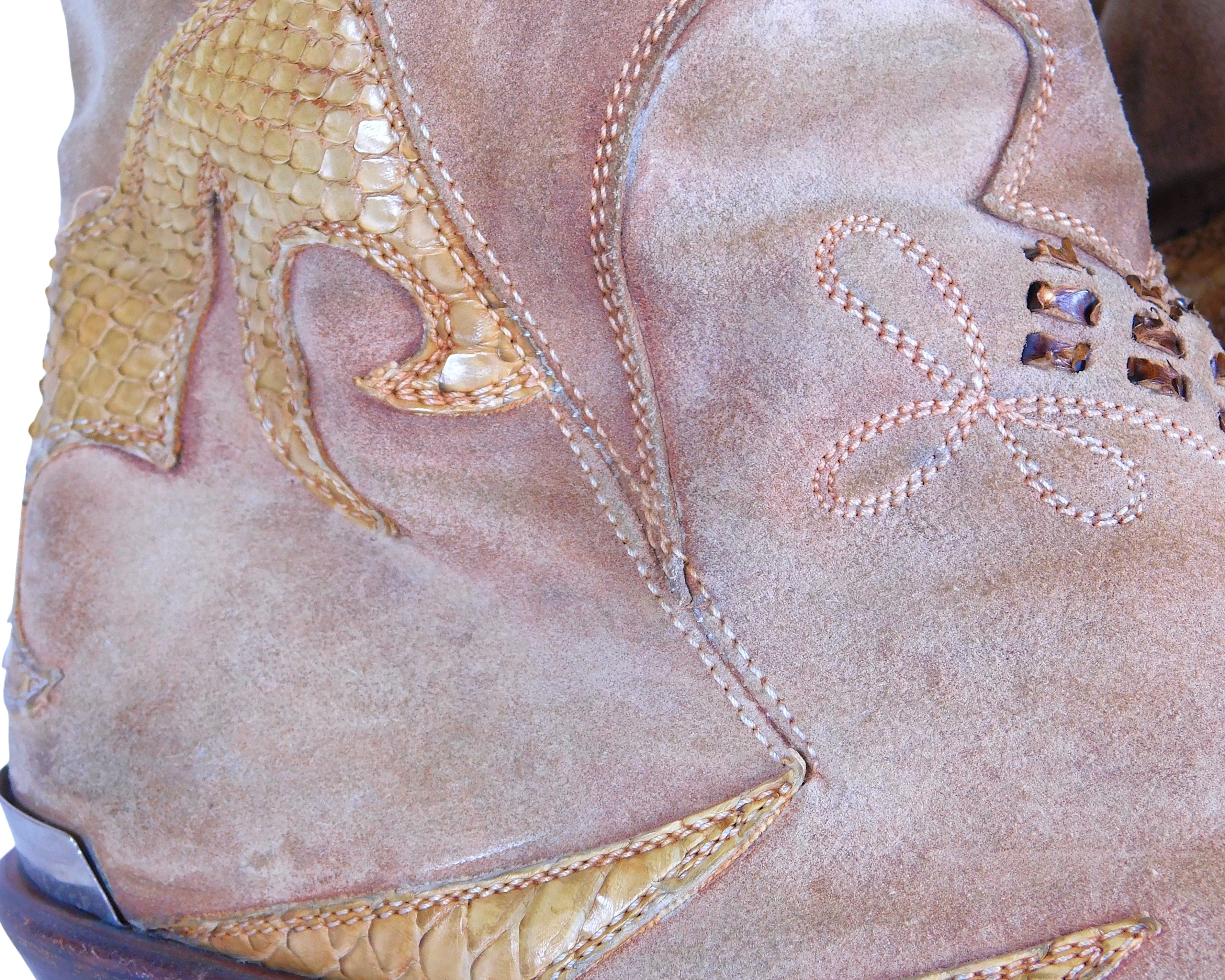 Roberto Cavalli beige santiag leather boots with python and embroidered design