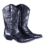 A pair of black leather glossy finish boots with embossed leather design. Roberto Cavalli black leather western Santiag boots with a glossy finish and embossed pattern, pull tabs, pointed toe and low Cuban heel. Vintage designer pair, rare.