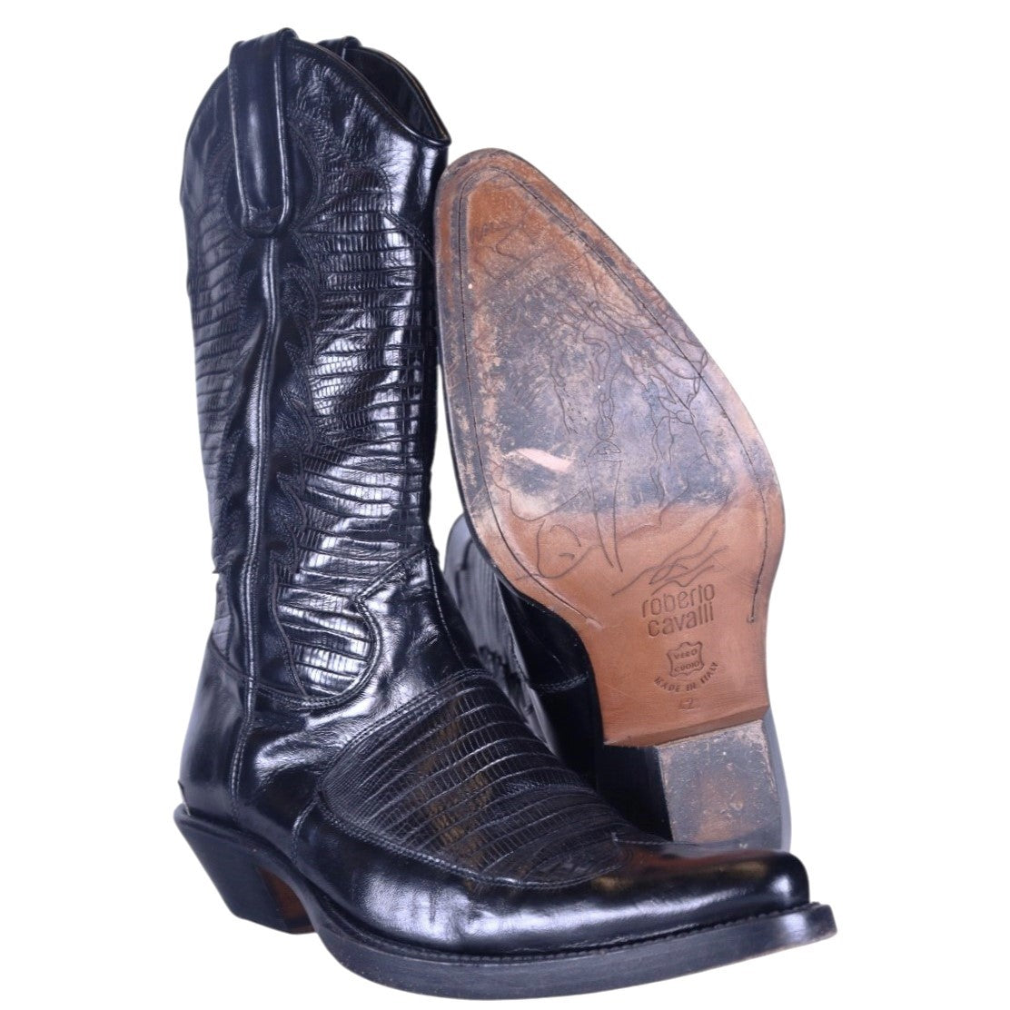 Roberto Cavalli black leather glossy finish santiag boots with embossed leather desing
