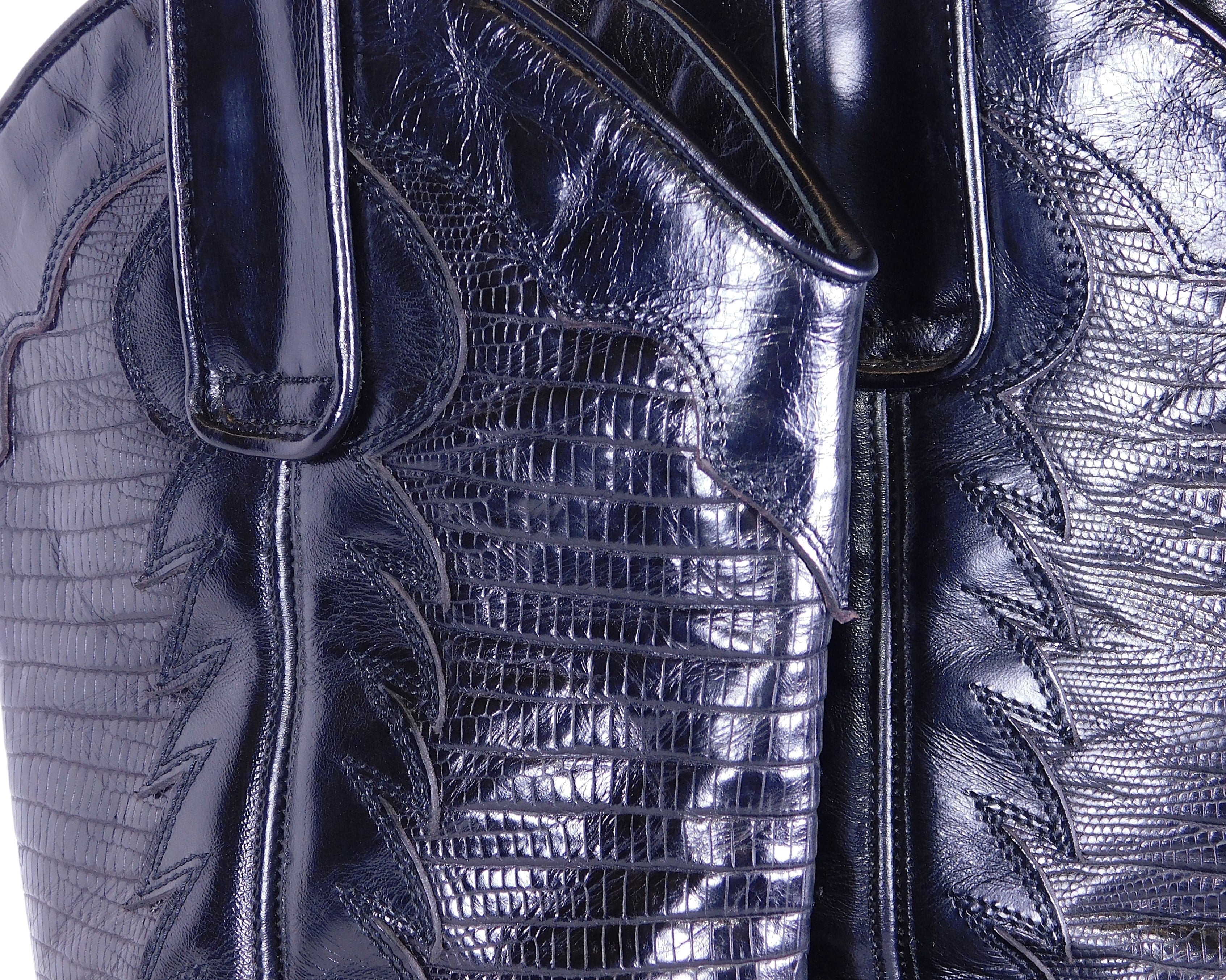 Roberto Cavalli black leather glossy finish santiag boots with embossed leather desing
