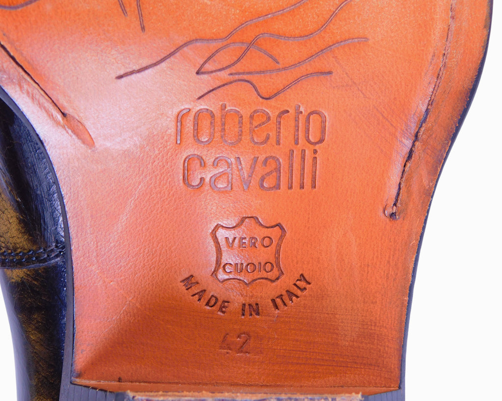 Roberto Cavalli black leather glossy finish santiag boots with embossed leather desing