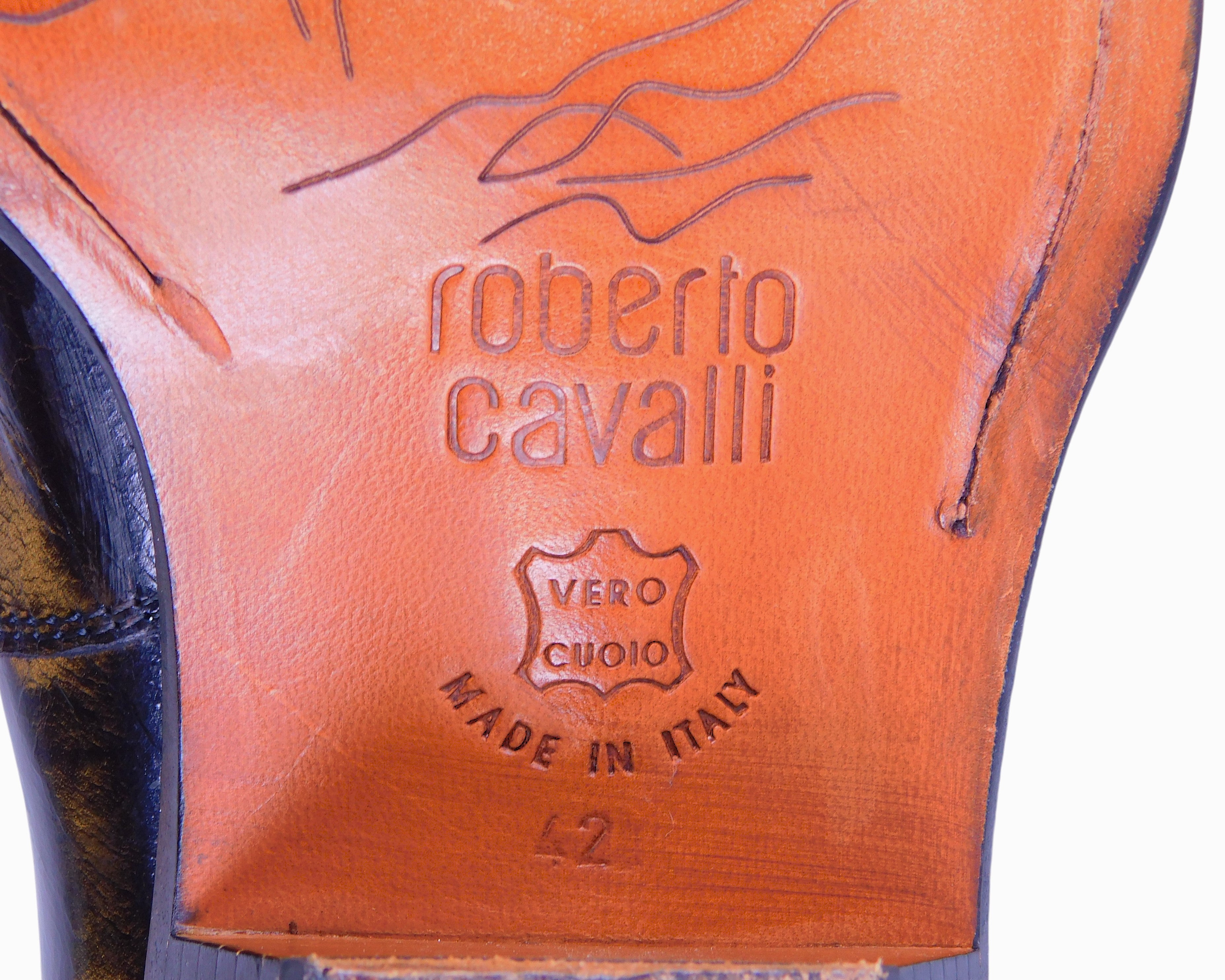 Roberto Cavalli black leather glossy finish santiag boots with embossed leather desing