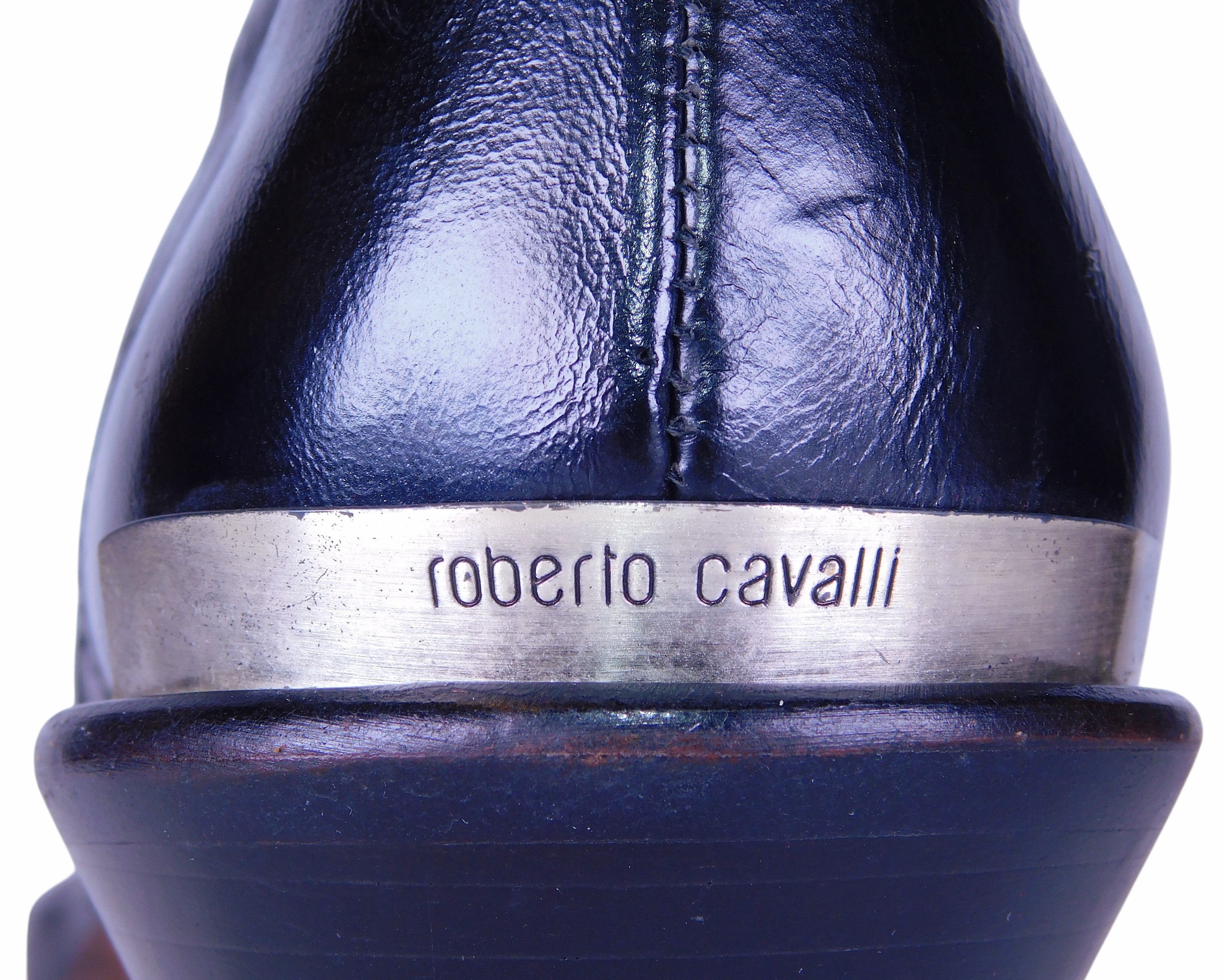 Roberto Cavalli black leather glossy finish santiag boots with embossed leather desing
