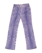 Roberto Cavalli ’90s purple and pink leopard-print jeans with an allover animal pattern, five-pocket design, belt loops and rivets. Slim bootcut leg in printed denim; vintage, designer, rare.