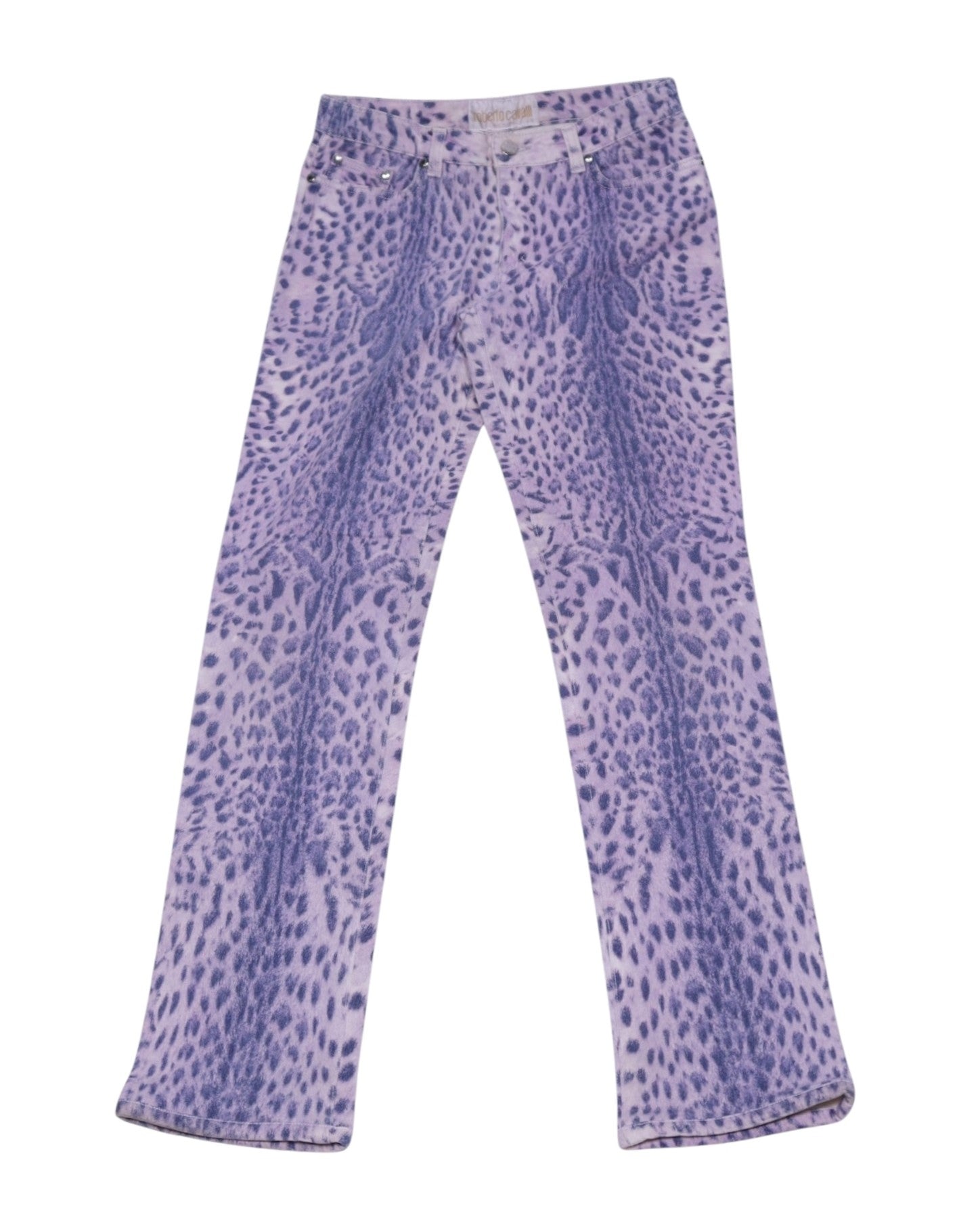 Roberto Cavalli ’90s purple and pink leopard-print jeans with an allover animal pattern, five-pocket design, belt loops and rivets. Slim bootcut leg in printed denim; vintage, designer, rare.