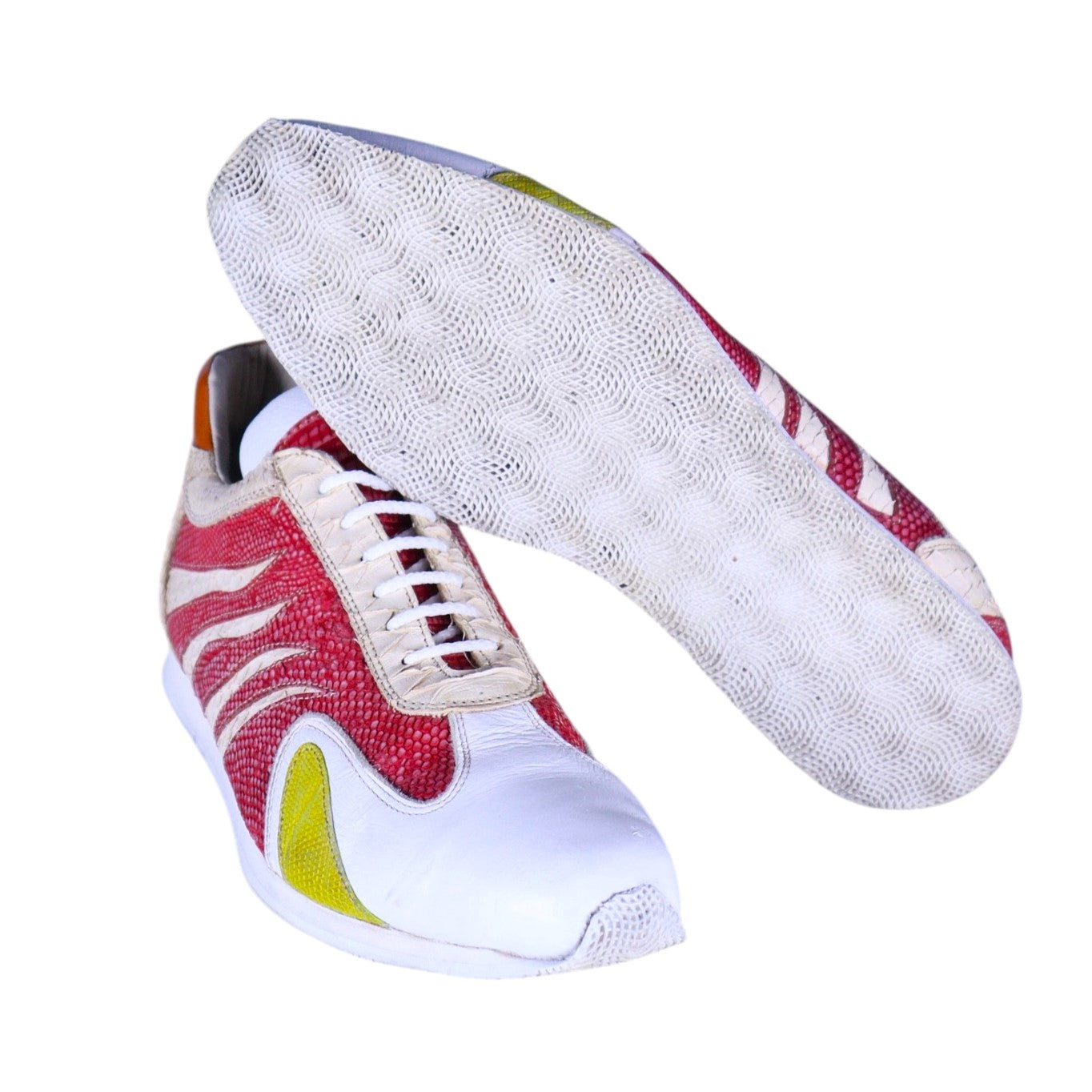 Roberto cavalli beige snakeskin leather shoes with red and yellow Galuchat leather