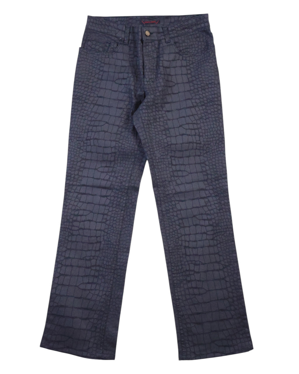 A pair of Roberto Cavalli crocodile-textured black pants, displaying the front view with a full-length view of the legs. Vintage Roberto Cavalli black trousers/jeans with crocodile print (croc-effect) across the fabric. Mid-rise straight leg with belt loops and button fly, clean hems; luxury designer, rare piece laid flat on white.