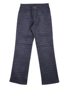 A pair of Roberto Cavalli crocodile-textured black pants, displaying the front view with a full-length view of the legs. Vintage Roberto Cavalli black trousers/jeans with crocodile print (croc-effect) across the fabric. Mid-rise straight leg with belt loops and button fly, clean hems; luxury designer, rare piece laid flat on white.