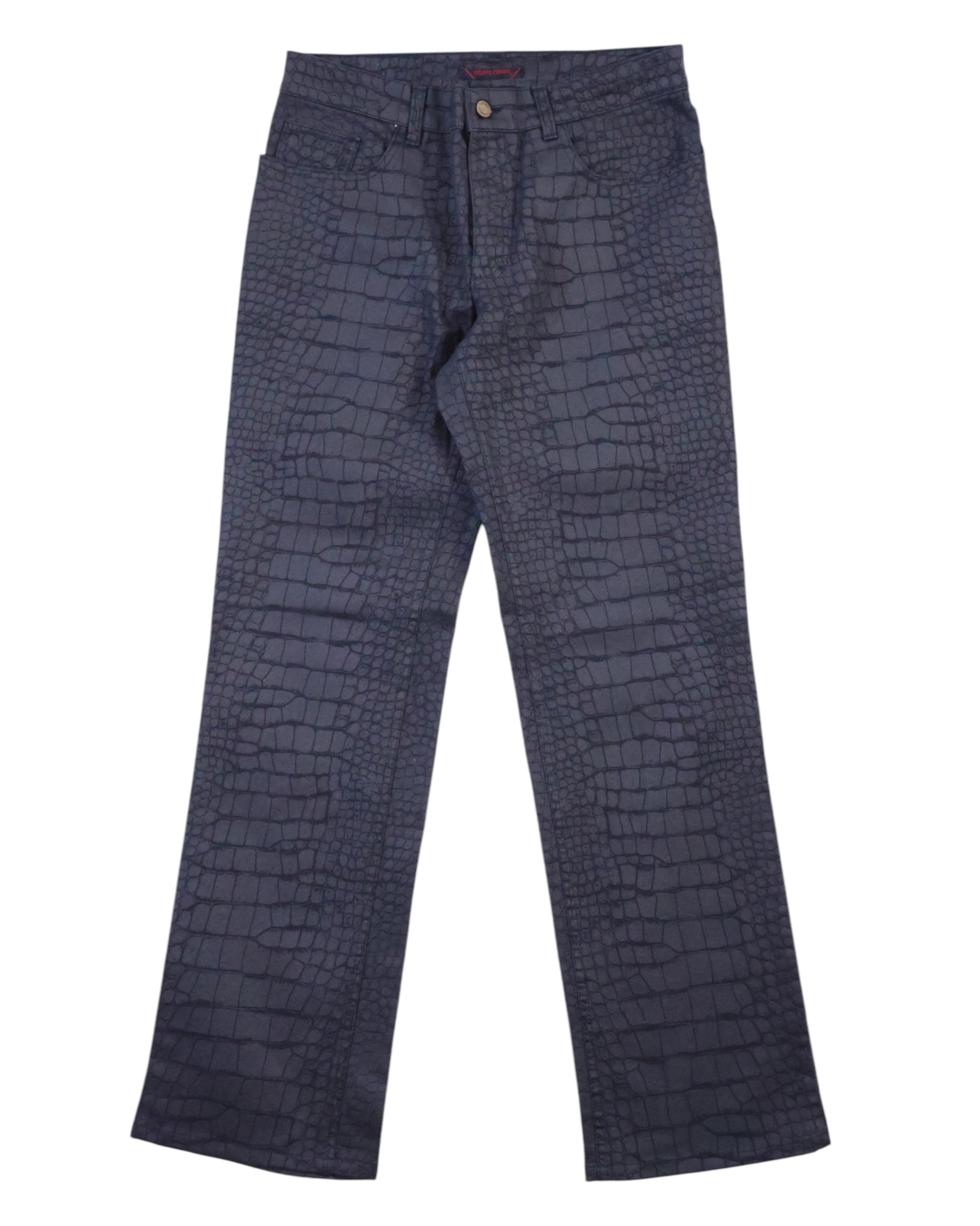 A pair of Roberto Cavalli crocodile-textured black pants, displaying the front view with a full-length view of the legs. Vintage Roberto Cavalli black trousers/jeans with crocodile print (croc-effect) across the fabric. Mid-rise straight leg with belt loops and button fly, clean hems; luxury designer, rare piece laid flat on white.