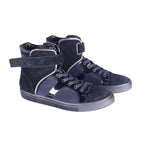 A pair of black high-top sneakers with velcro straps and lace-up closure. Lanvin men’s navy high-top sneakers with suede and patent-leather panels, hook-and-loop ankle strap, lace-up front, and rubber cupsole.