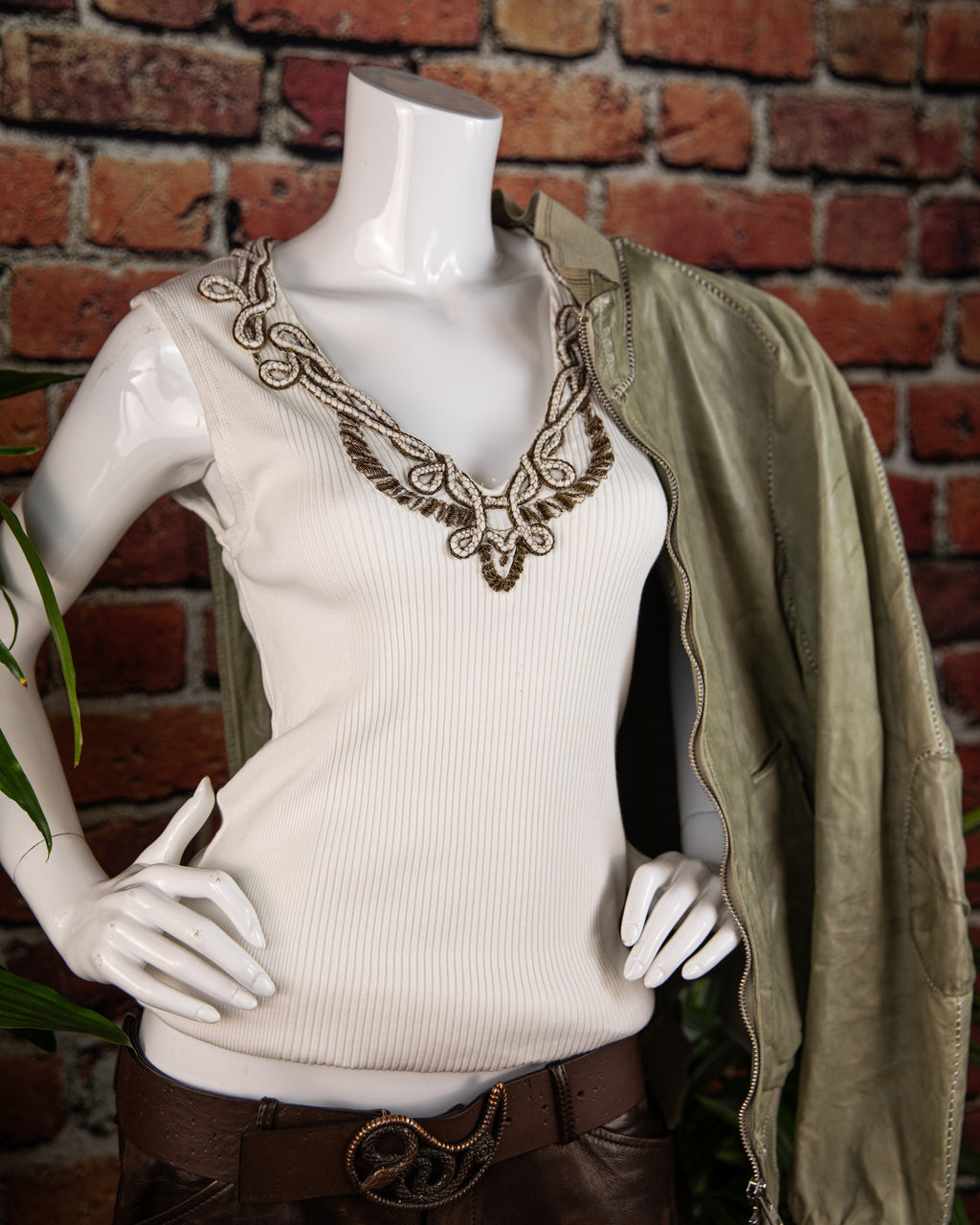 Roberto Cavalli White Top with Metallic Embroidered Neckline