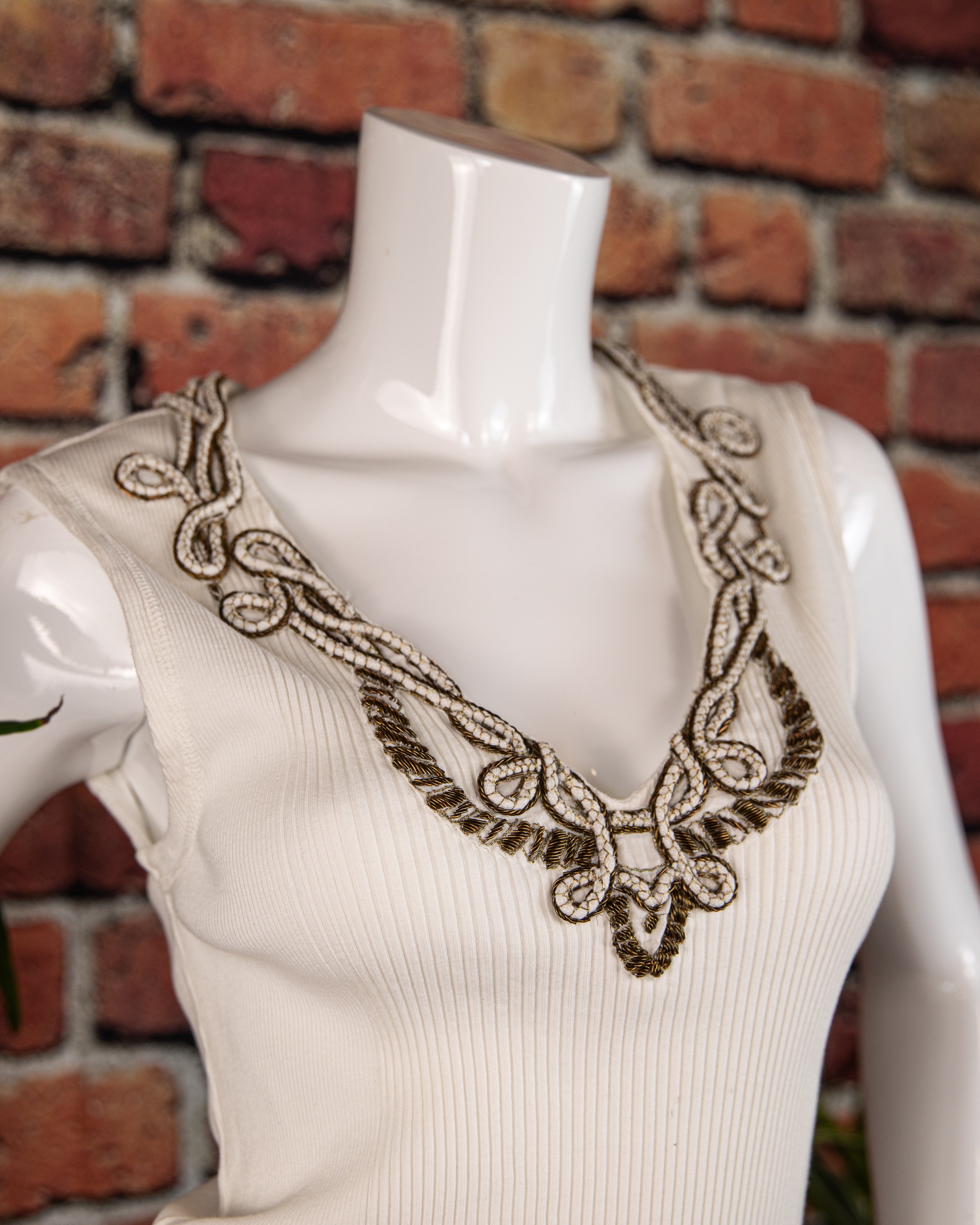 Roberto Cavalli White Top with Metallic Embroidered Neckline