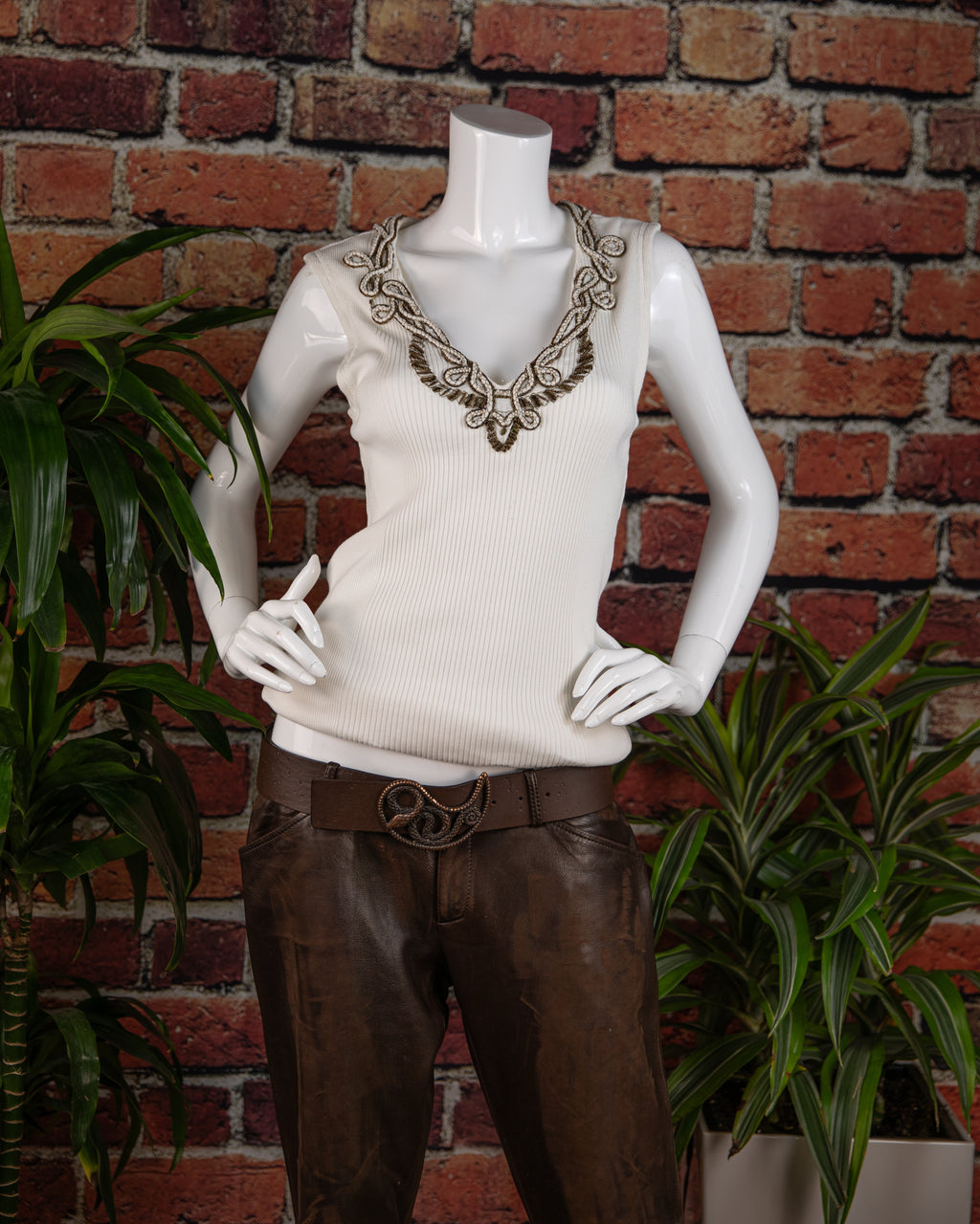 Roberto Cavalli White Top with Metallic Embroidered Neckline