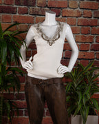 Roberto Cavalli White Top with Metallic Embroidered Neckline