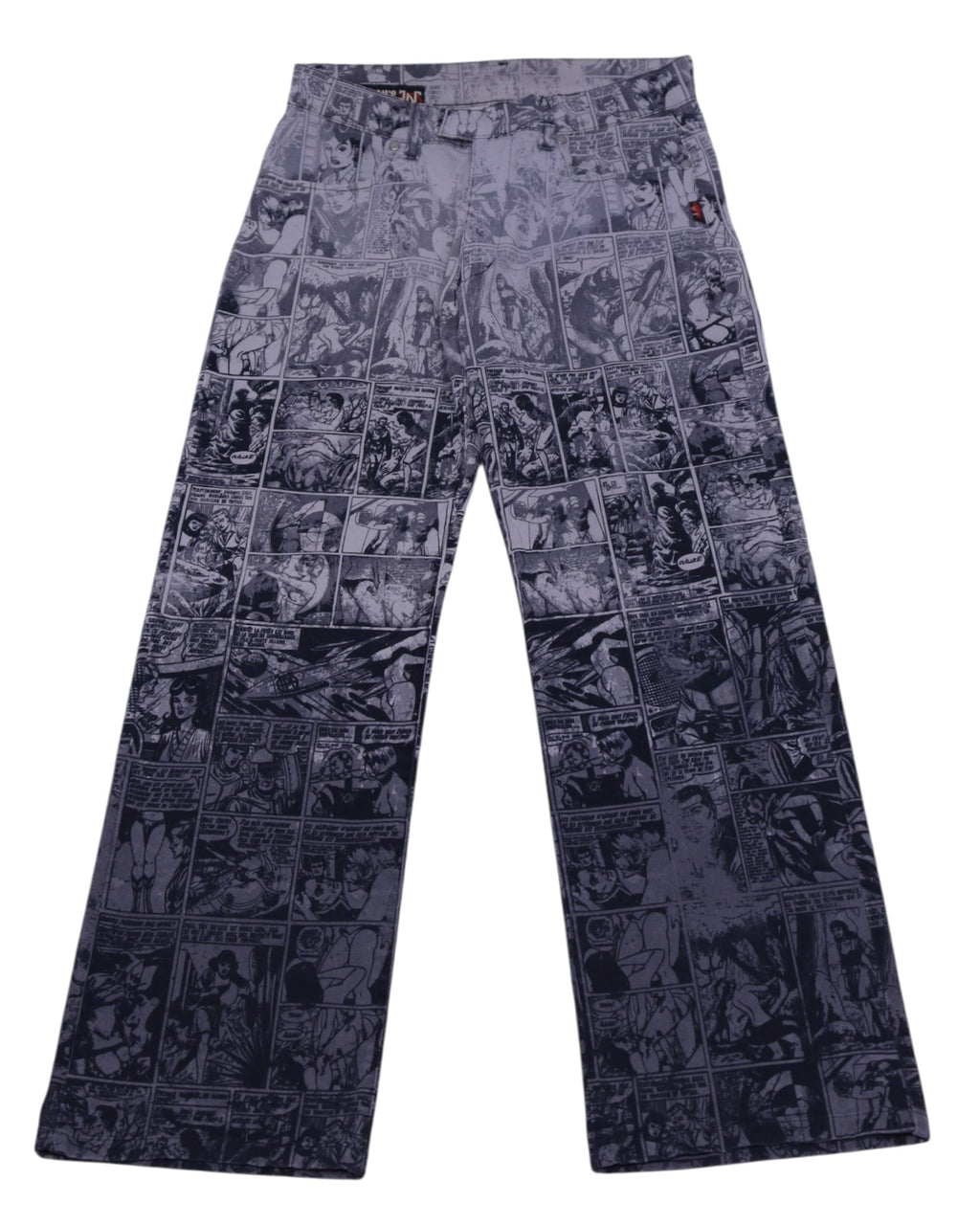 Vintage 1990s Jean Paul Gaultier monochrome comic-strip print trousers/pants in black and grey, soft woven fabric with a mid-rise straight leg, flat waistband with belt loops and front pockets. Pop-art, punk/anarchy graphic vibe with “safe sex forever” panels; luxury designer, rare and unique, laid flat on white.