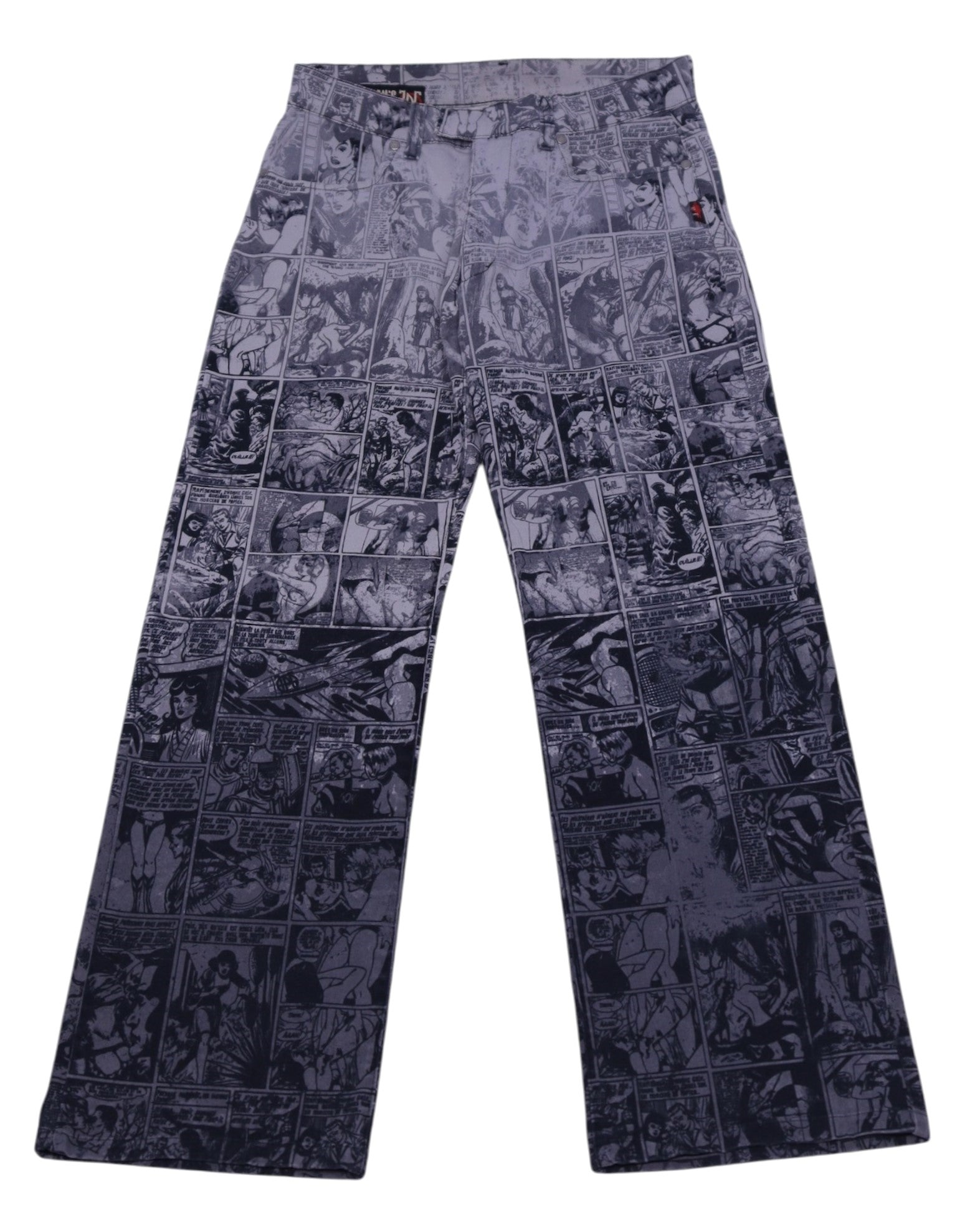 Vintage 1990s Jean Paul Gaultier monochrome comic-strip print trousers/pants in black and grey, soft woven fabric with a mid-rise straight leg, flat waistband with belt loops and front pockets. Pop-art, punk/anarchy graphic vibe with “safe sex forever” panels; luxury designer, rare and unique, laid flat on white.