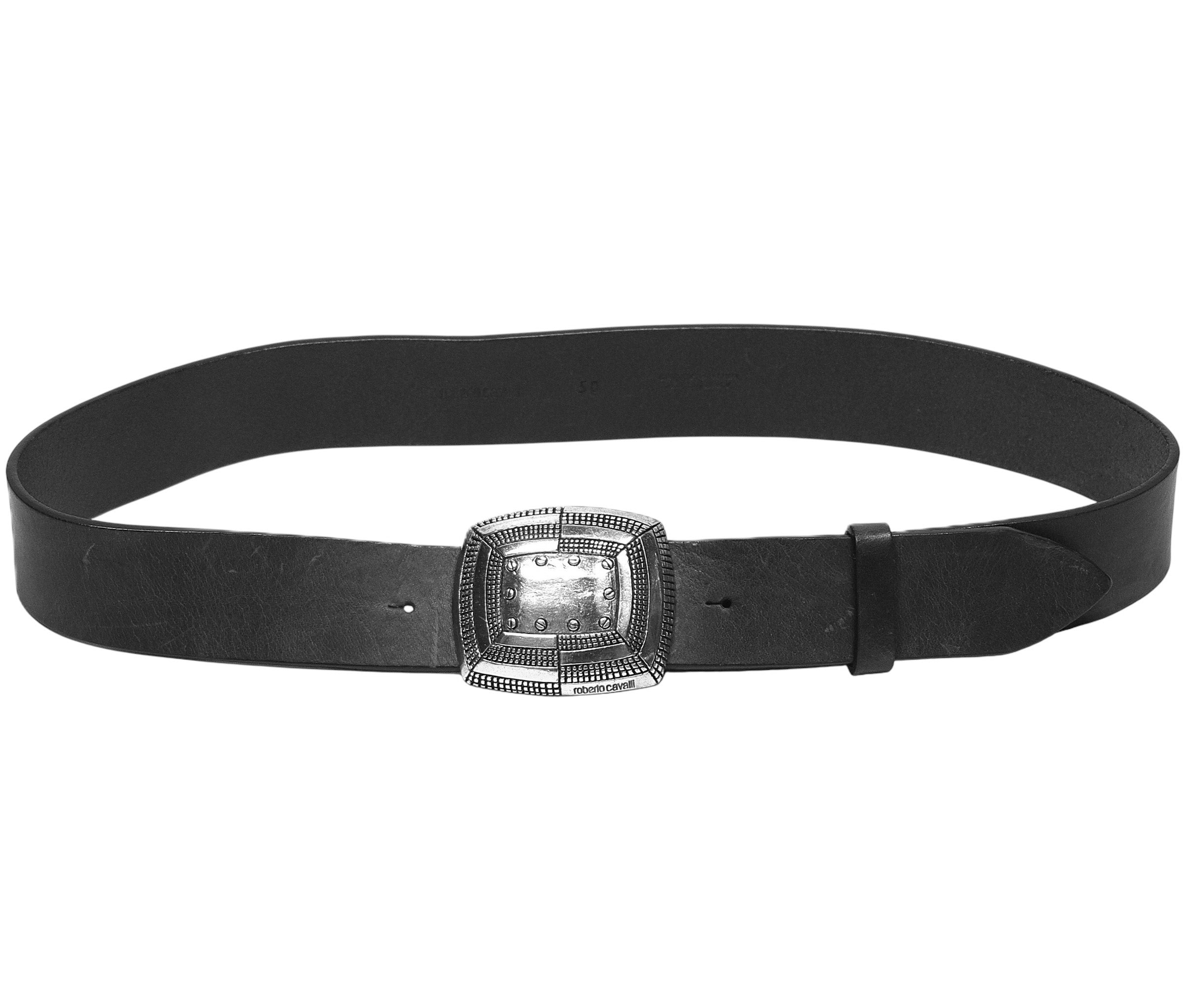 Black leather belt with a silver buckle, displayed on a neutral background. Roberto Cavalli black leather belt; jet-black calfskin/cowhide strap with smooth grain; square engraved silver-tone buckle with beaded/rope texture and light patina; medium-width designer waist belt; classic, minimalist yet rock/western statement accessory for jeans, chinos, tailoring or dresses; unisex men’s/women’s fashion; Italian luxury house from Florence known for flamboyant glamour and artisanal craftsmanship; vintage Cavalli